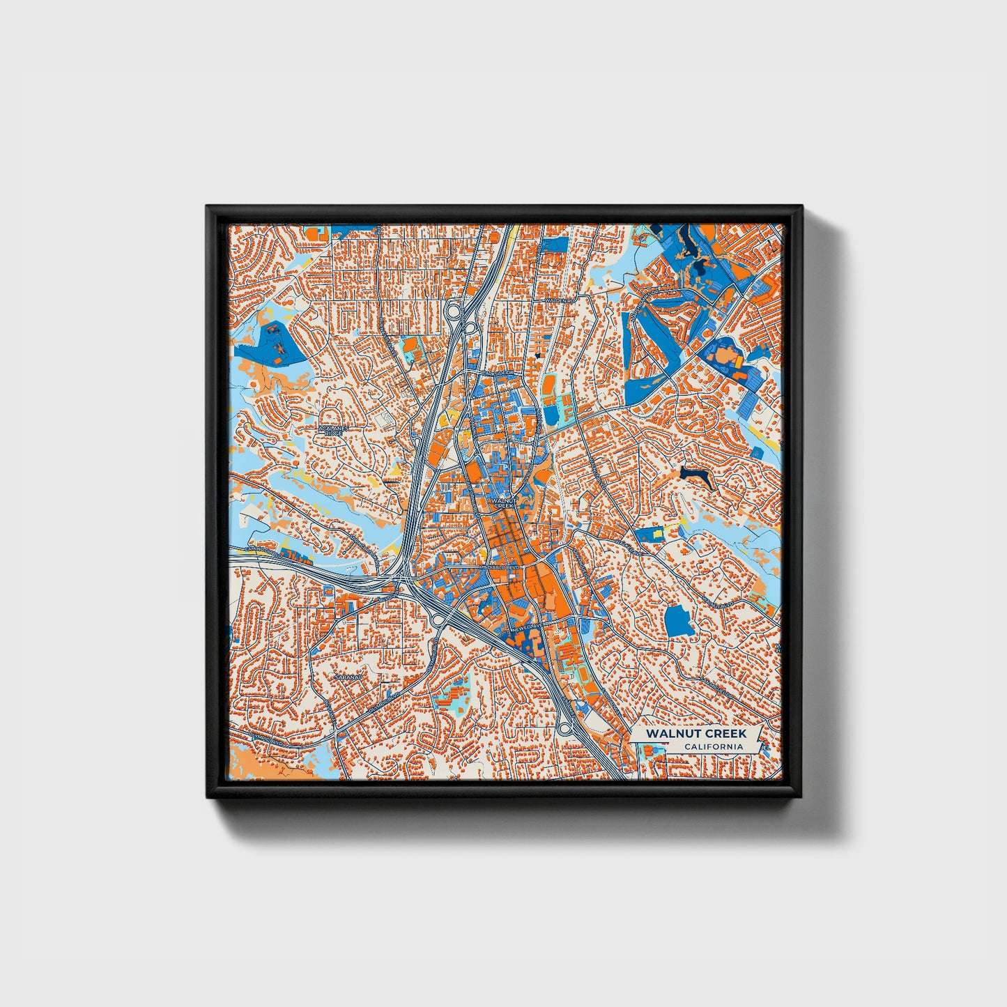Walnut Creek California Colorful City Map Canvas Print • Black Framed
