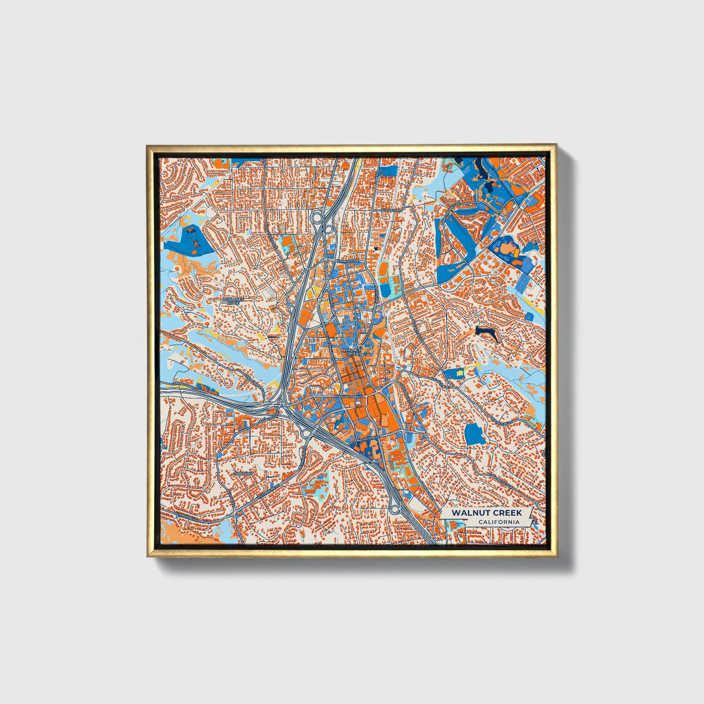 Walnut Creek California Colorful City Map Canvas Print • Gold Framed