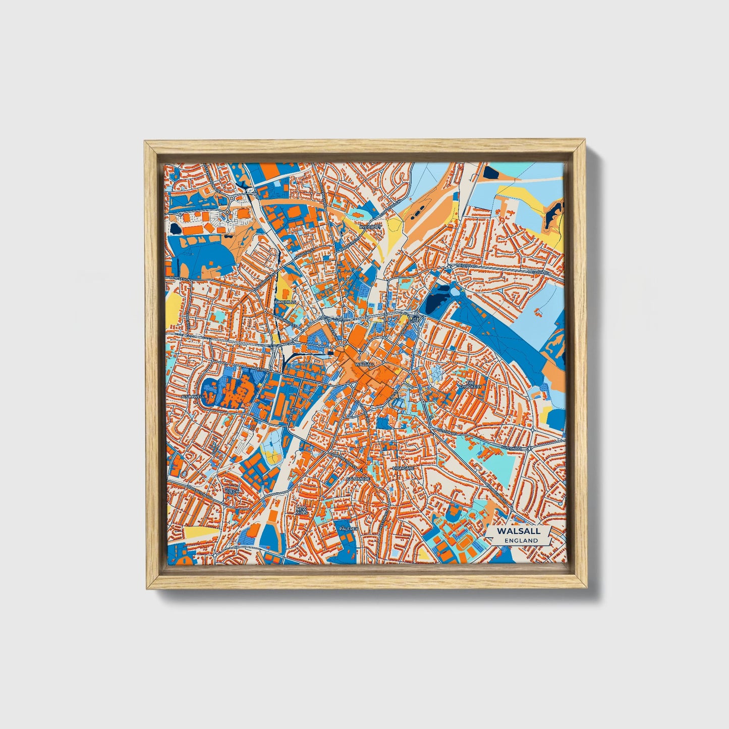 Walsall England Colorful City Map Canvas Print • Natural Wooden Framed