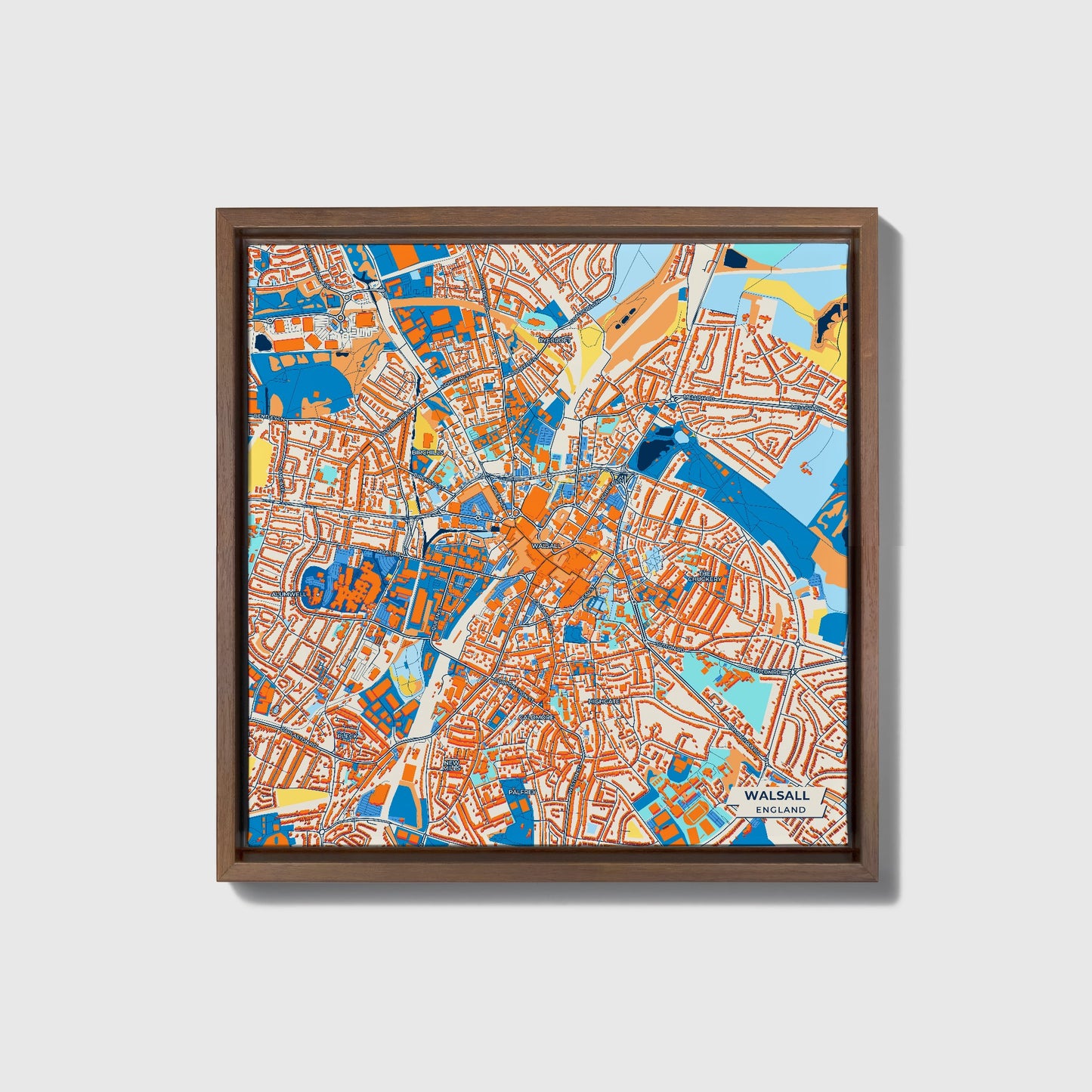 Walsall England Colorful City Map Canvas Print • Dark Wooden Framed