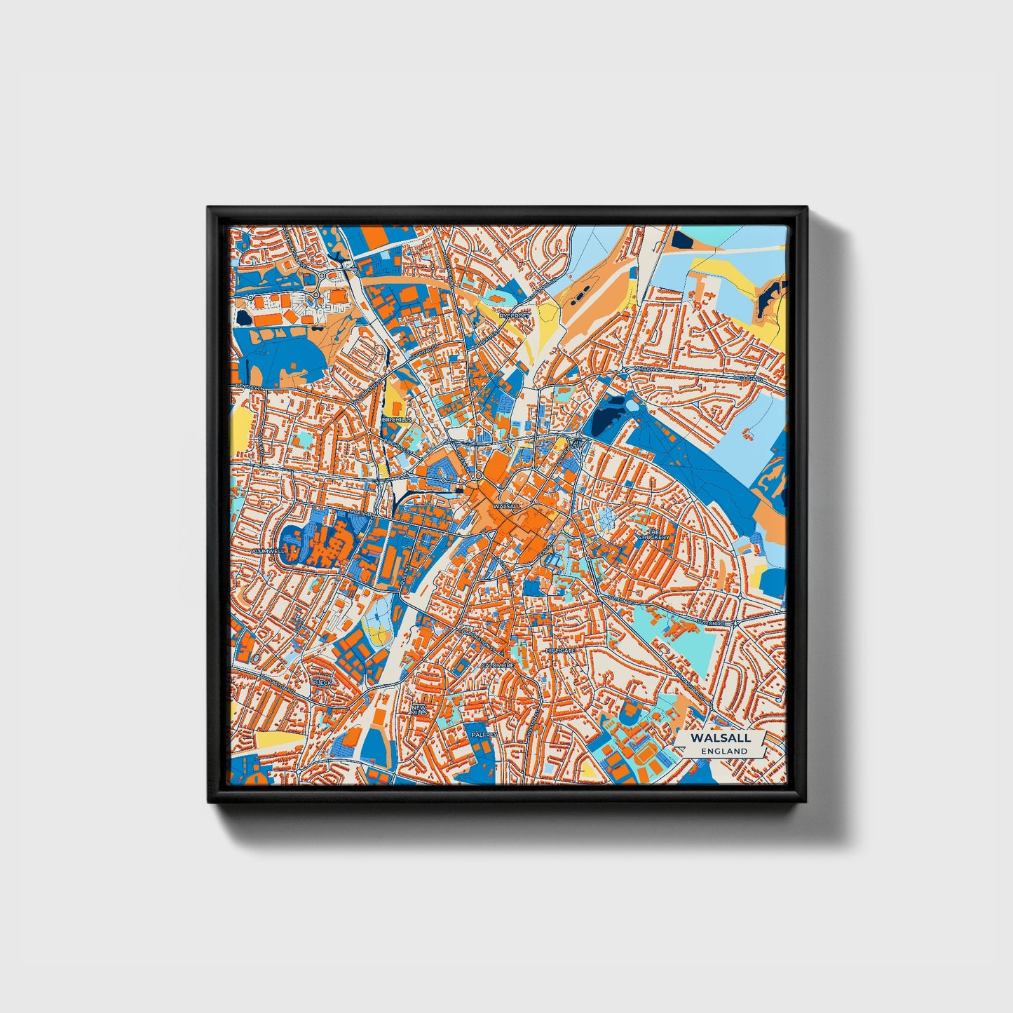 Walsall England Colorful City Map Canvas Print • Black Framed