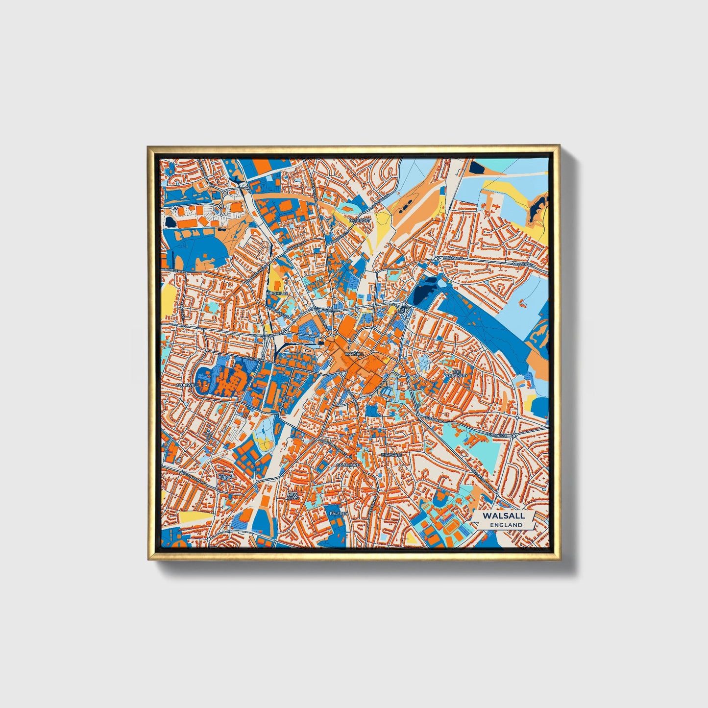 Walsall England Colorful City Map Canvas Print • Gold Framed