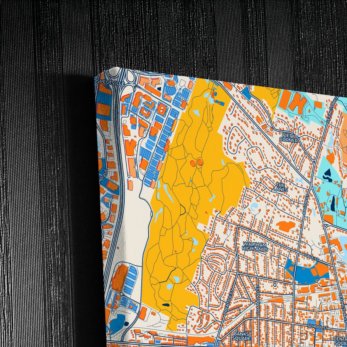 Waltham Massachusetts Colorful City Map Canvas Print Detail