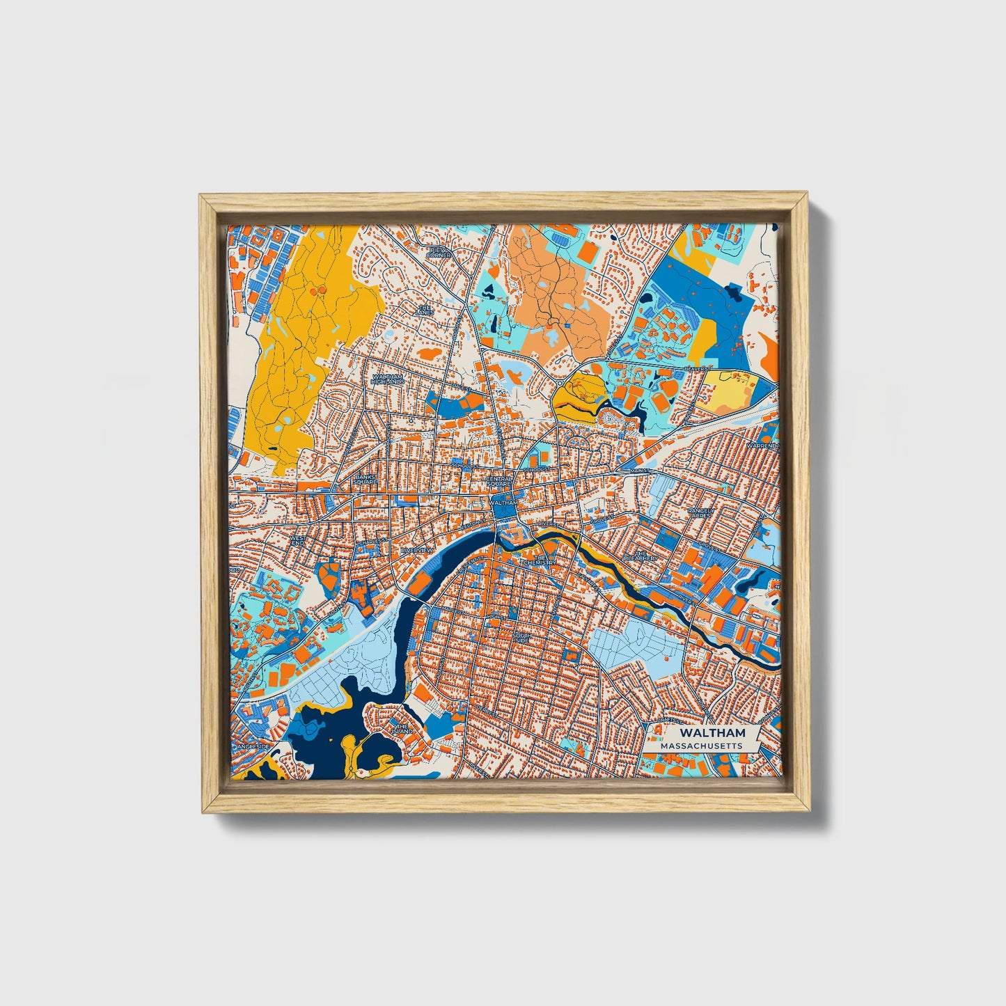 Waltham Massachusetts Colorful City Map Canvas Print • Natural Wooden Framed