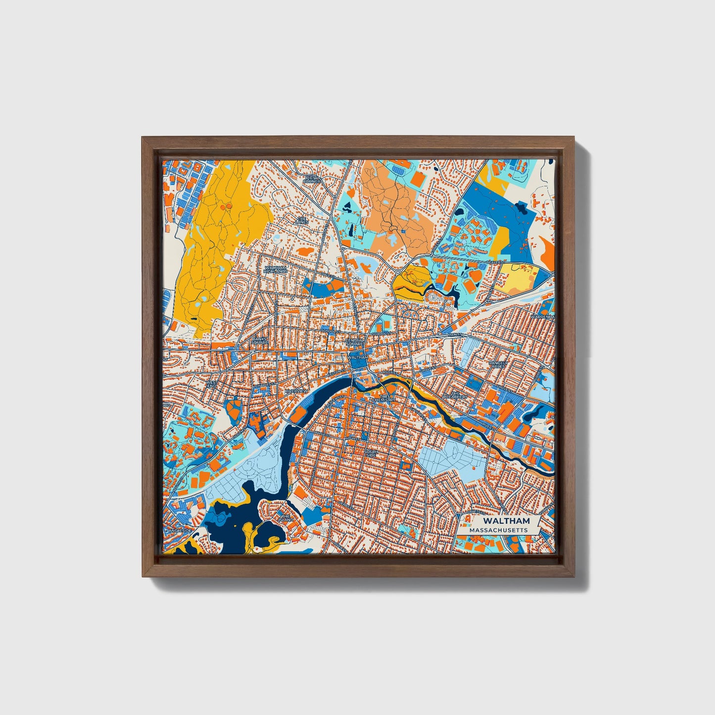 Waltham Massachusetts Colorful City Map Canvas Print • Dark Wooden Framed