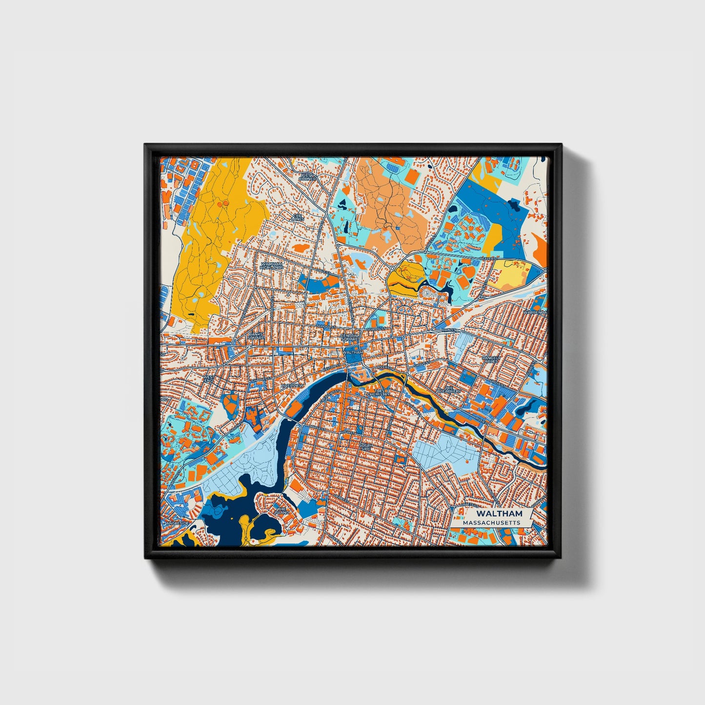 Waltham Massachusetts Colorful City Map Canvas Print • Black Framed