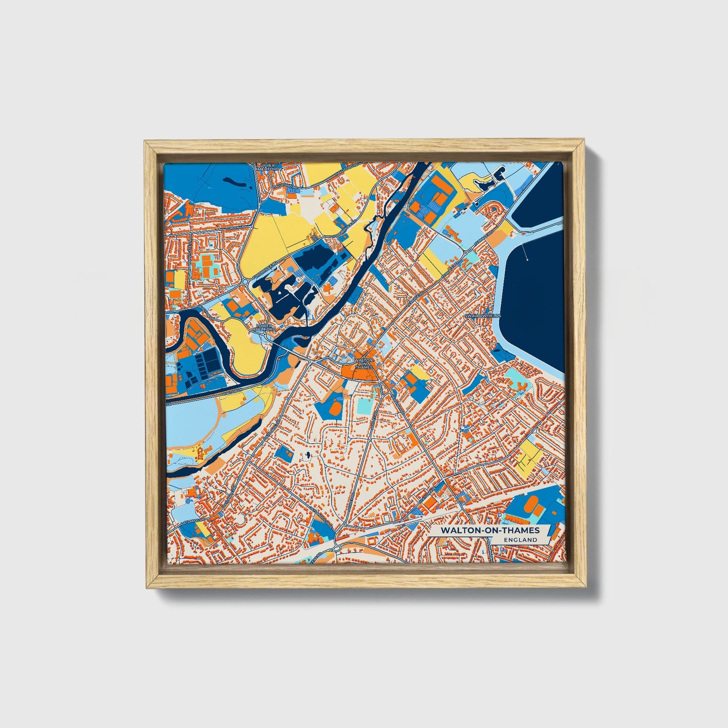 Walton-On-Thames England Colorful City Map Canvas Print • Natural Wooden Framed