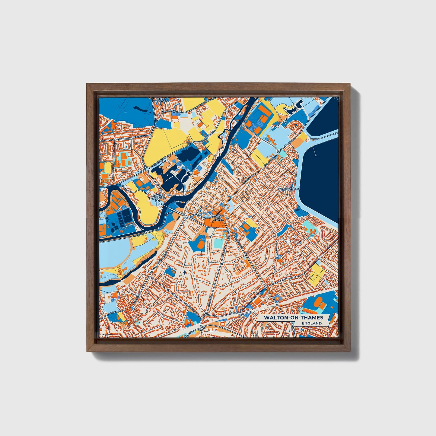 Walton-On-Thames England Colorful City Map Canvas Print • Dark Wooden Framed