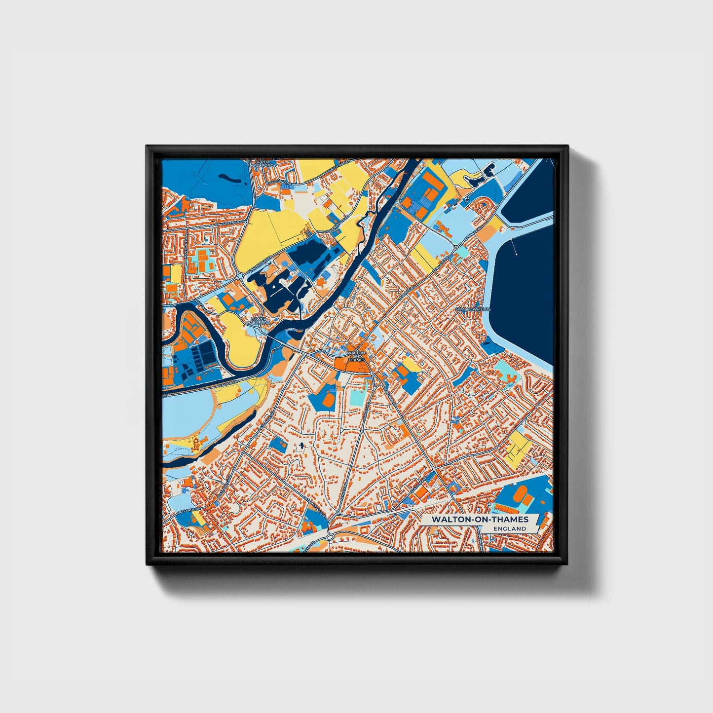 Walton-On-Thames England Colorful City Map Canvas Print • Black Framed