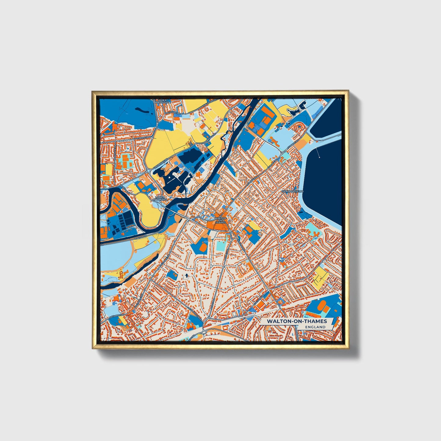 Walton-On-Thames England Colorful City Map Canvas Print • Gold Framed