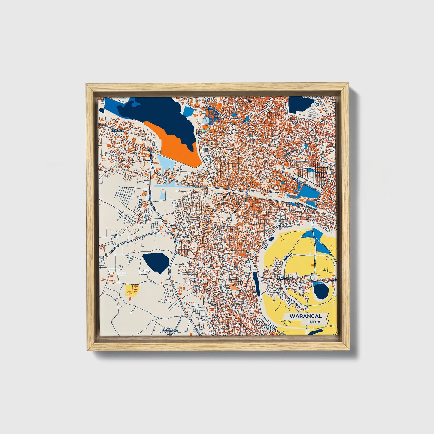 Warangal India Colorful City Map Canvas Print • Natural Wooden Framed