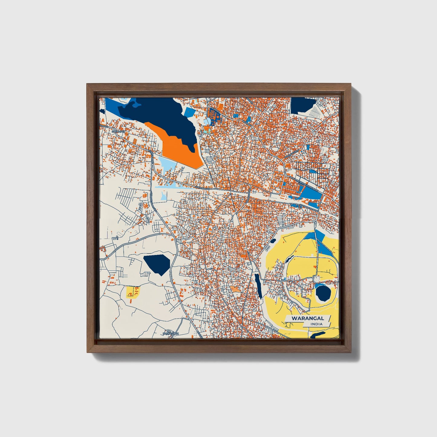 Warangal India Colorful City Map Canvas Print • Dark Wooden Framed
