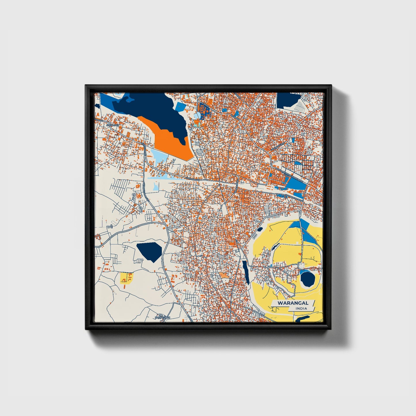 Warangal India Colorful City Map Canvas Print • Black Framed