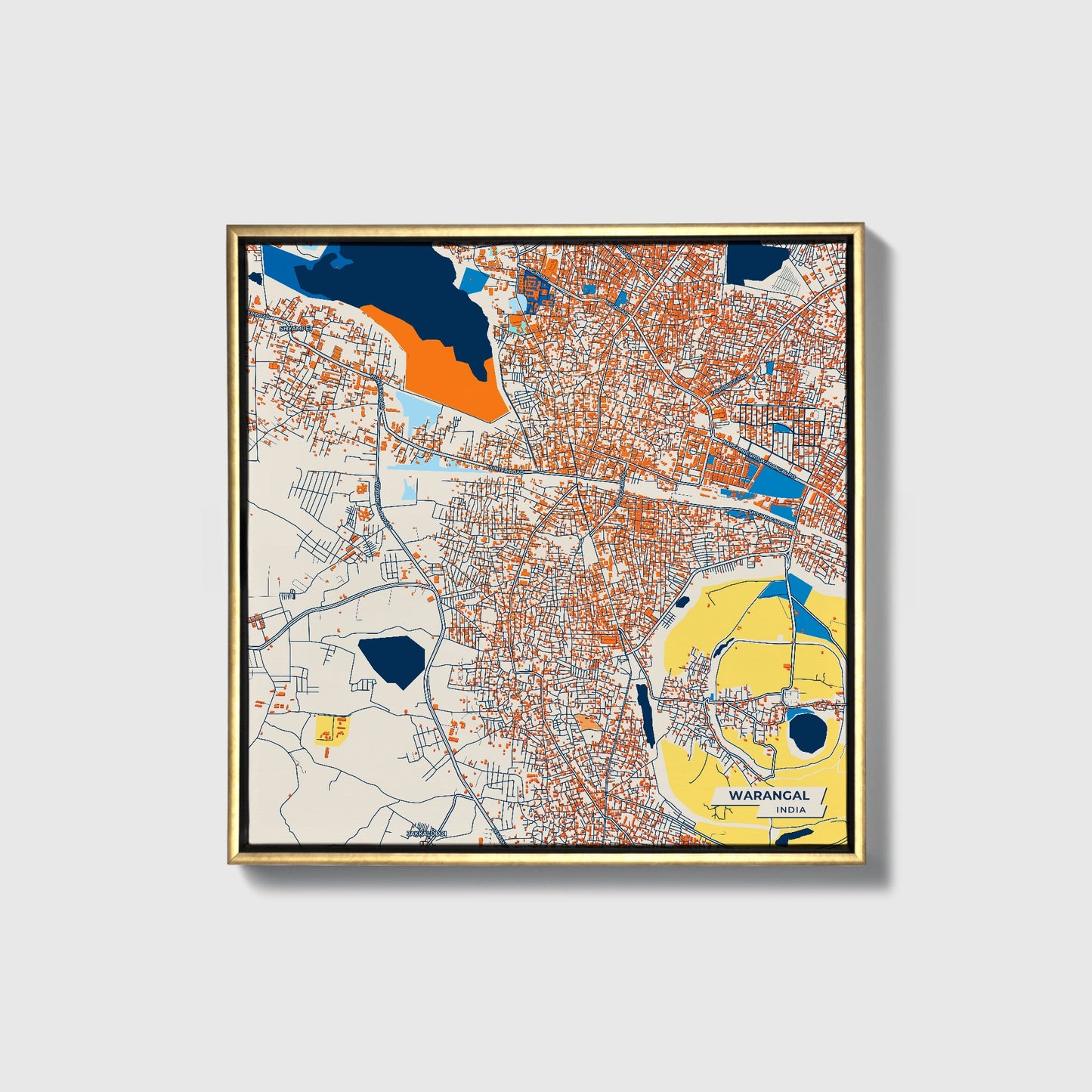 Warangal India Colorful City Map Canvas Print • Gold Framed