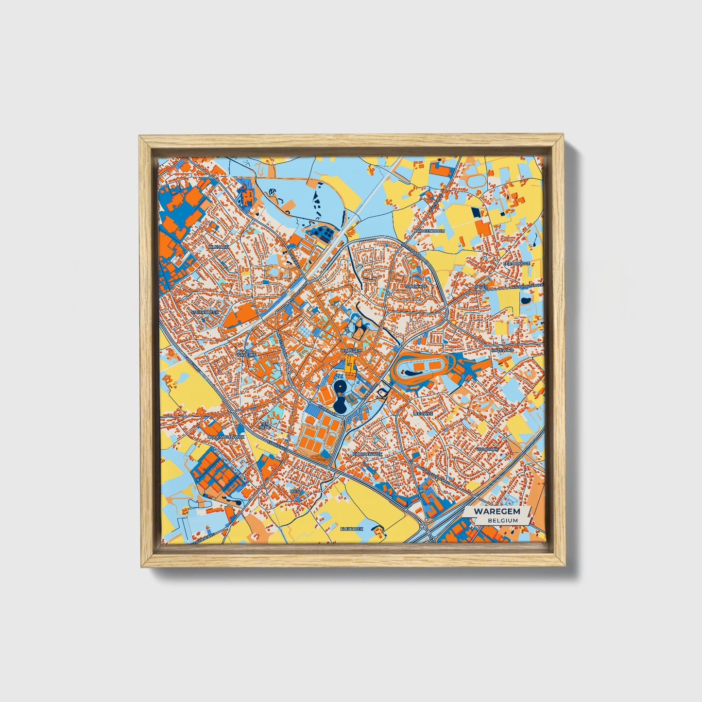 Waregem Belgium Colorful City Map Canvas Print • Natural Wooden Framed