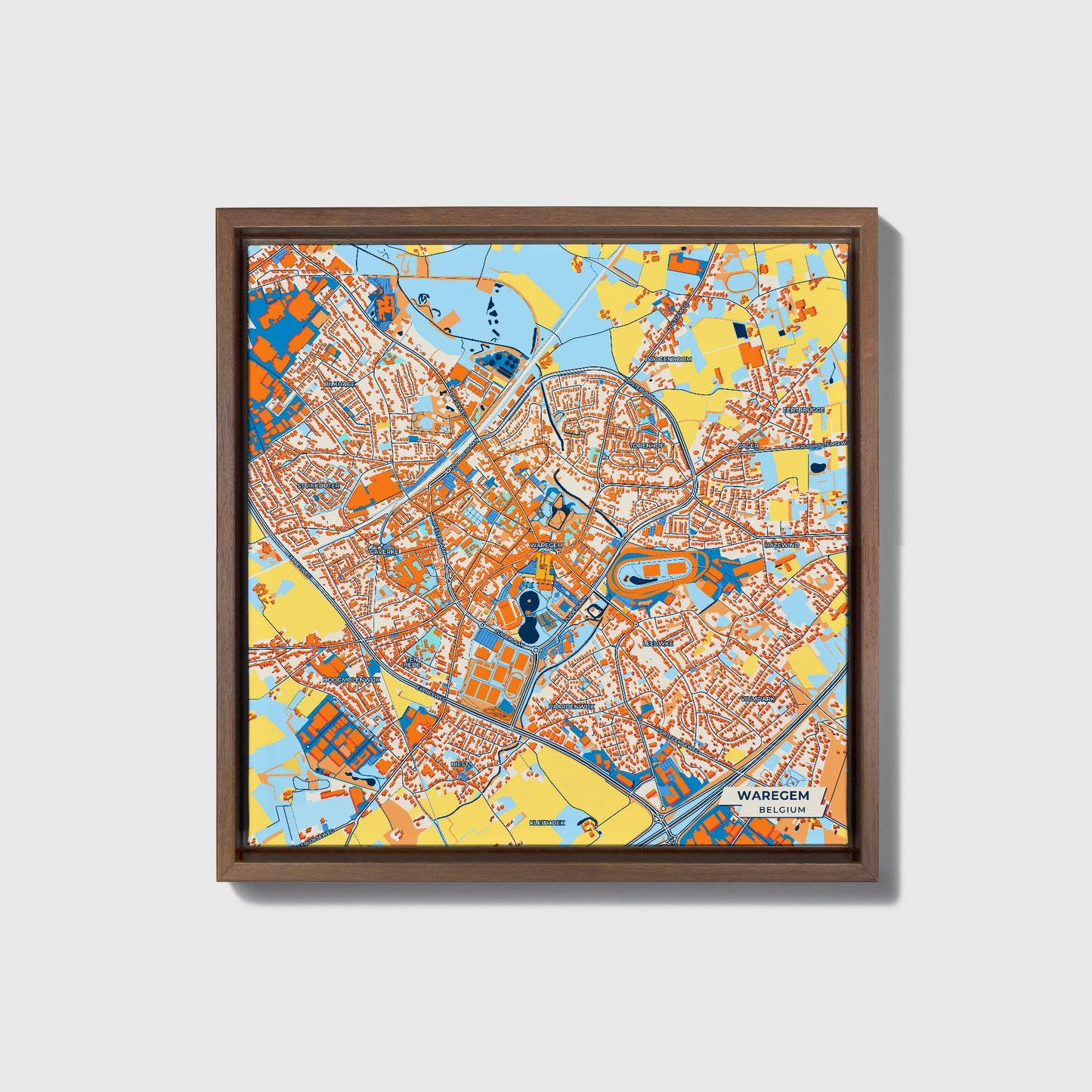 Waregem Belgium Colorful City Map Canvas Print • Dark Wooden Framed