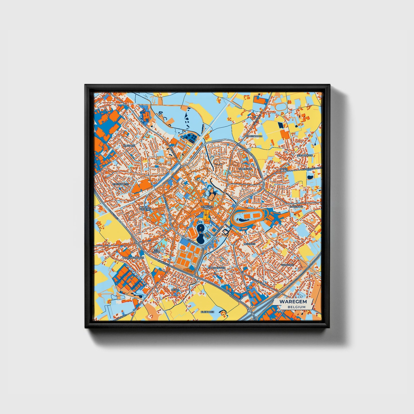 Waregem Belgium Colorful City Map Canvas Print • Black Framed
