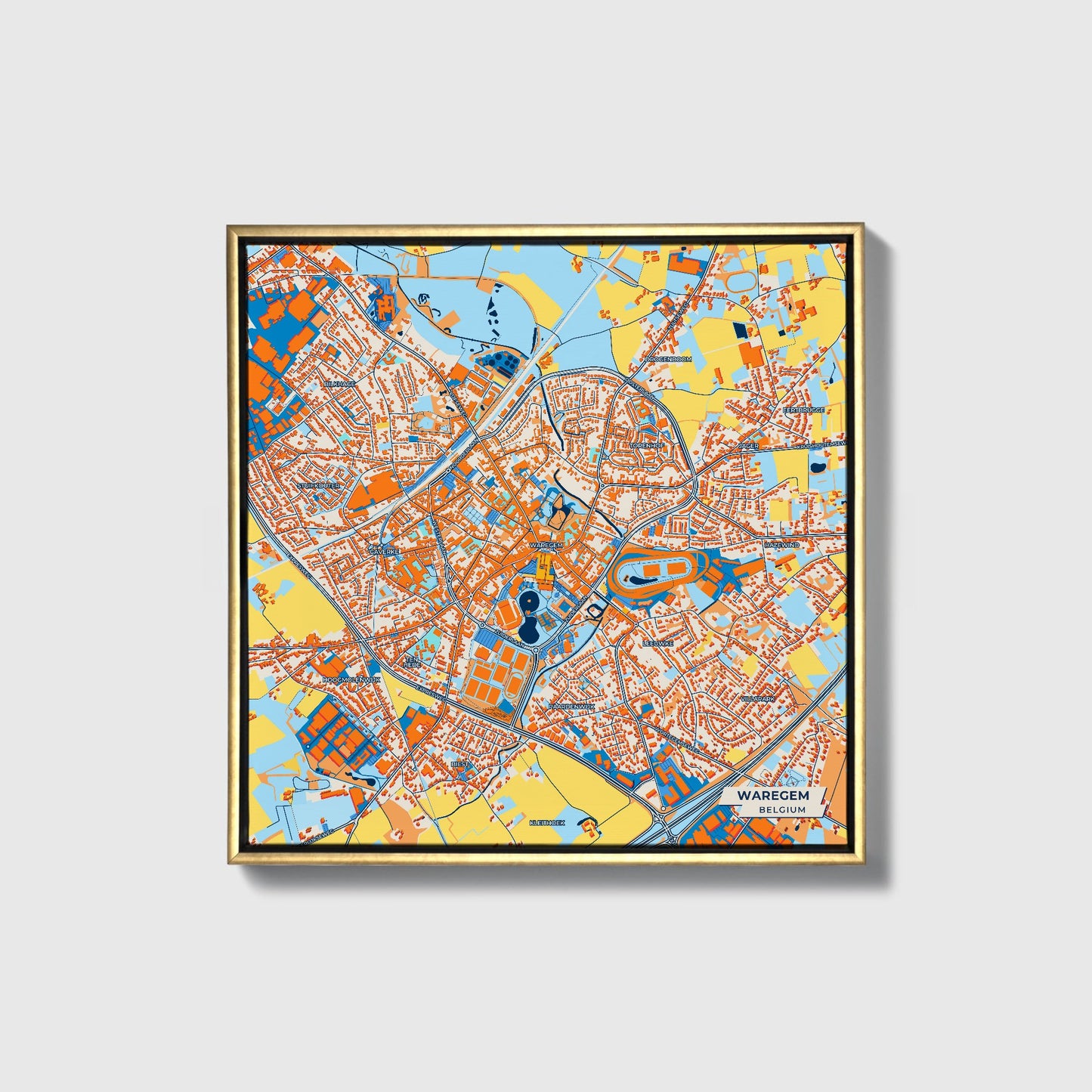Waregem Belgium Colorful City Map Canvas Print • Gold Framed