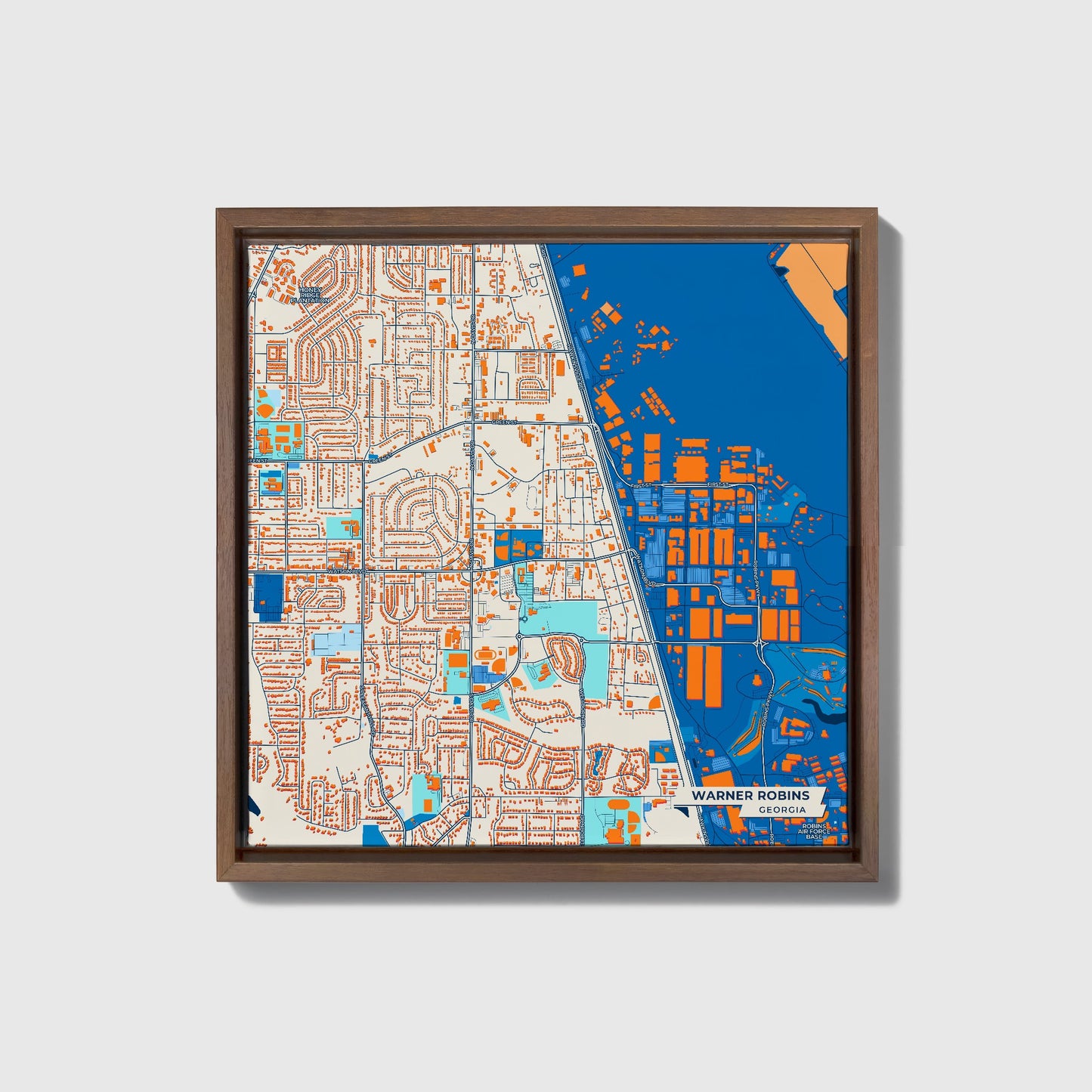 Warner Robins Georgia Colorful City Map Canvas Print • Dark Wooden Framed