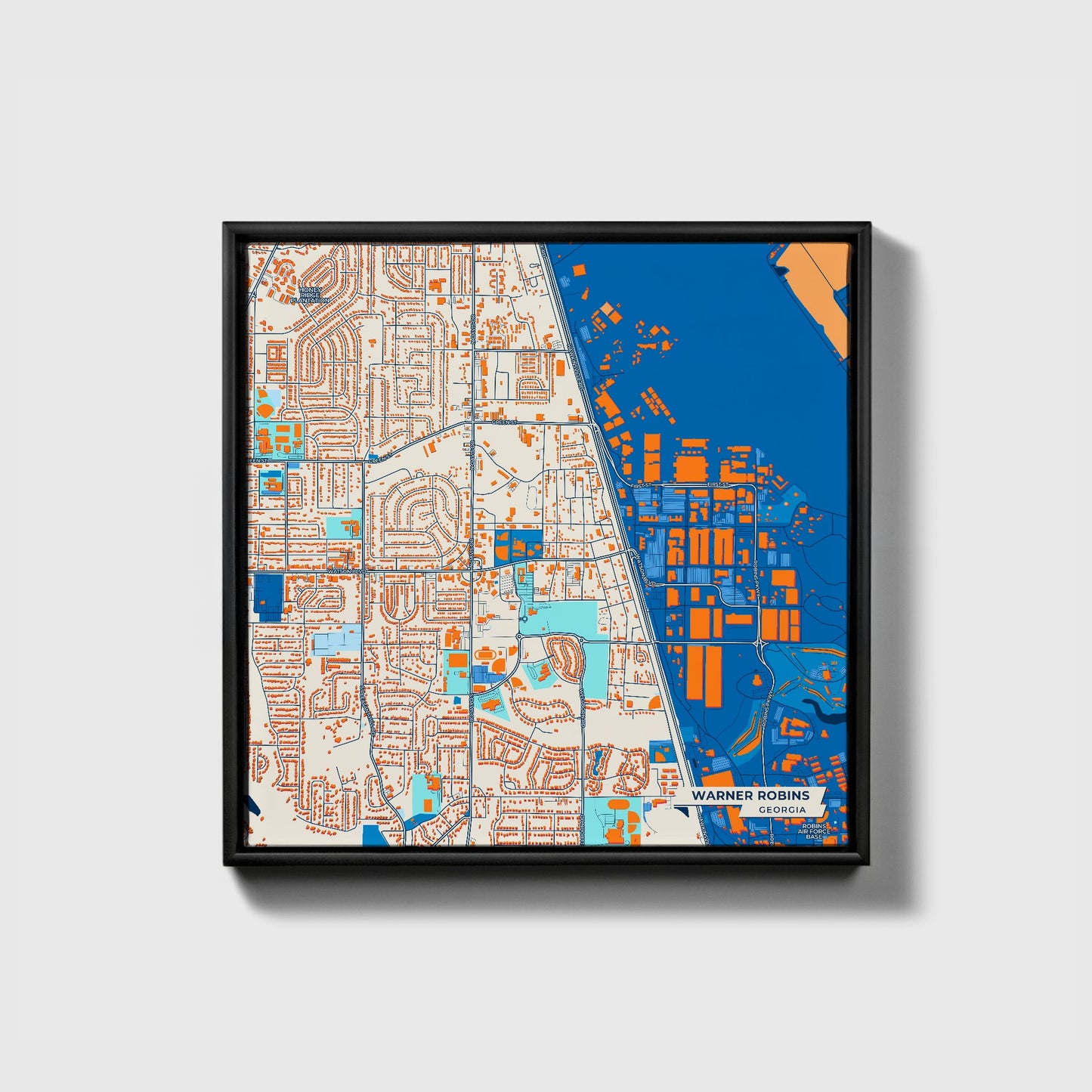 Warner Robins Georgia Colorful City Map Canvas Print • Black Framed