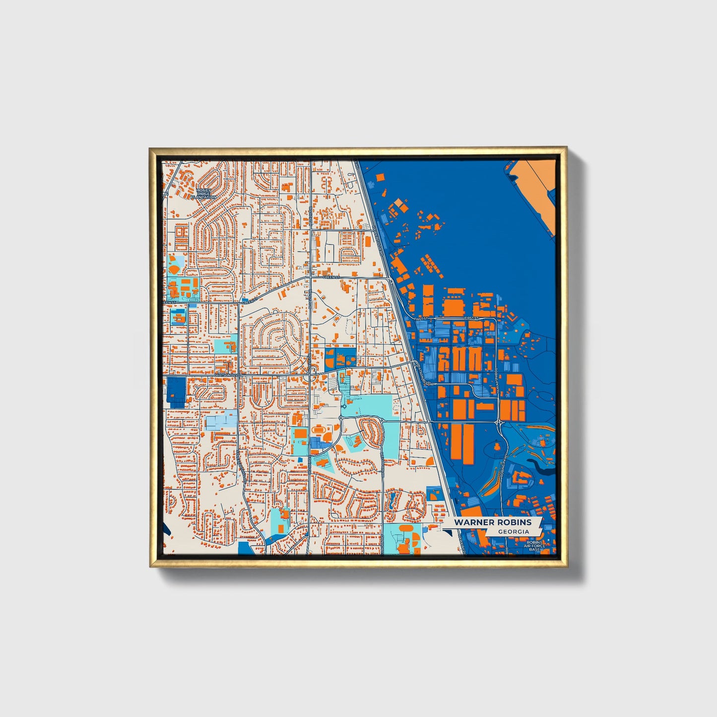 Warner Robins Georgia Colorful City Map Canvas Print • Gold Framed