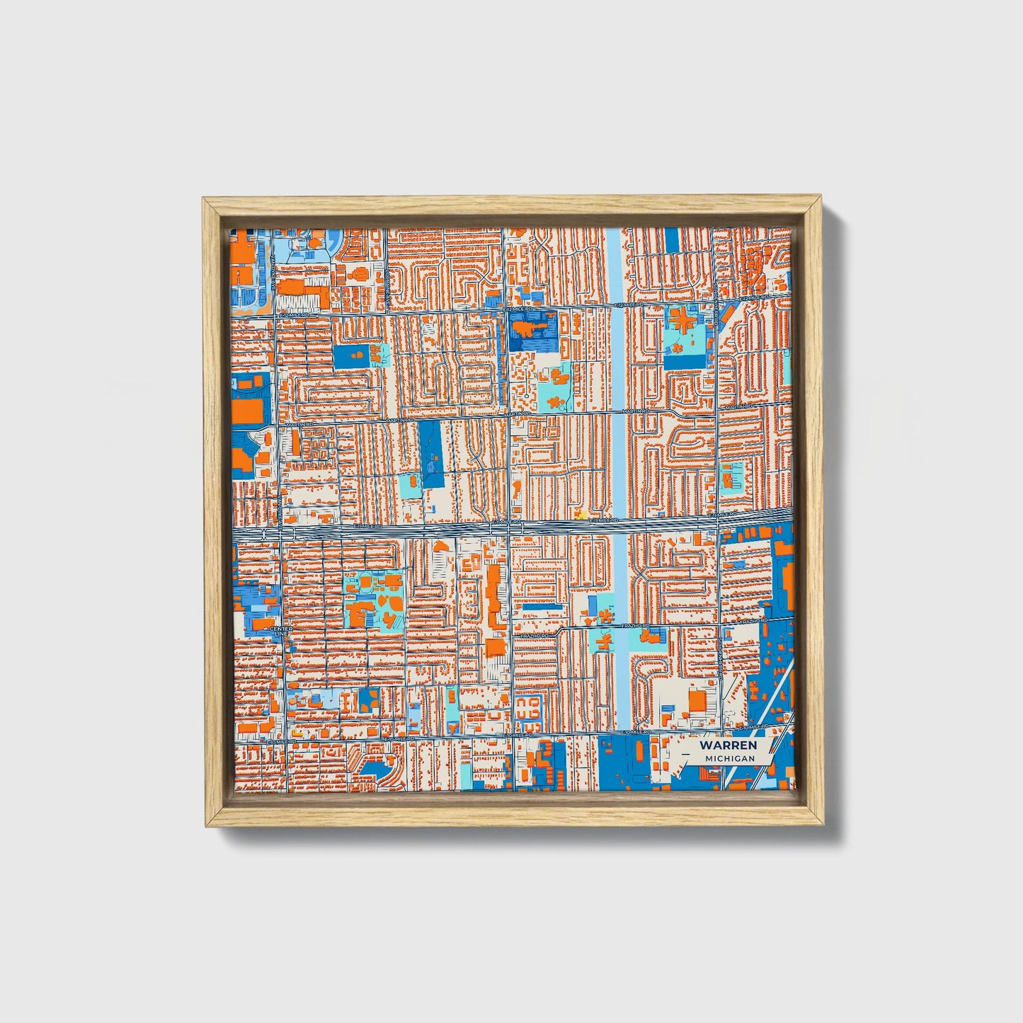 Warren Michigan Colorful City Map Canvas Print • Natural Wooden Framed