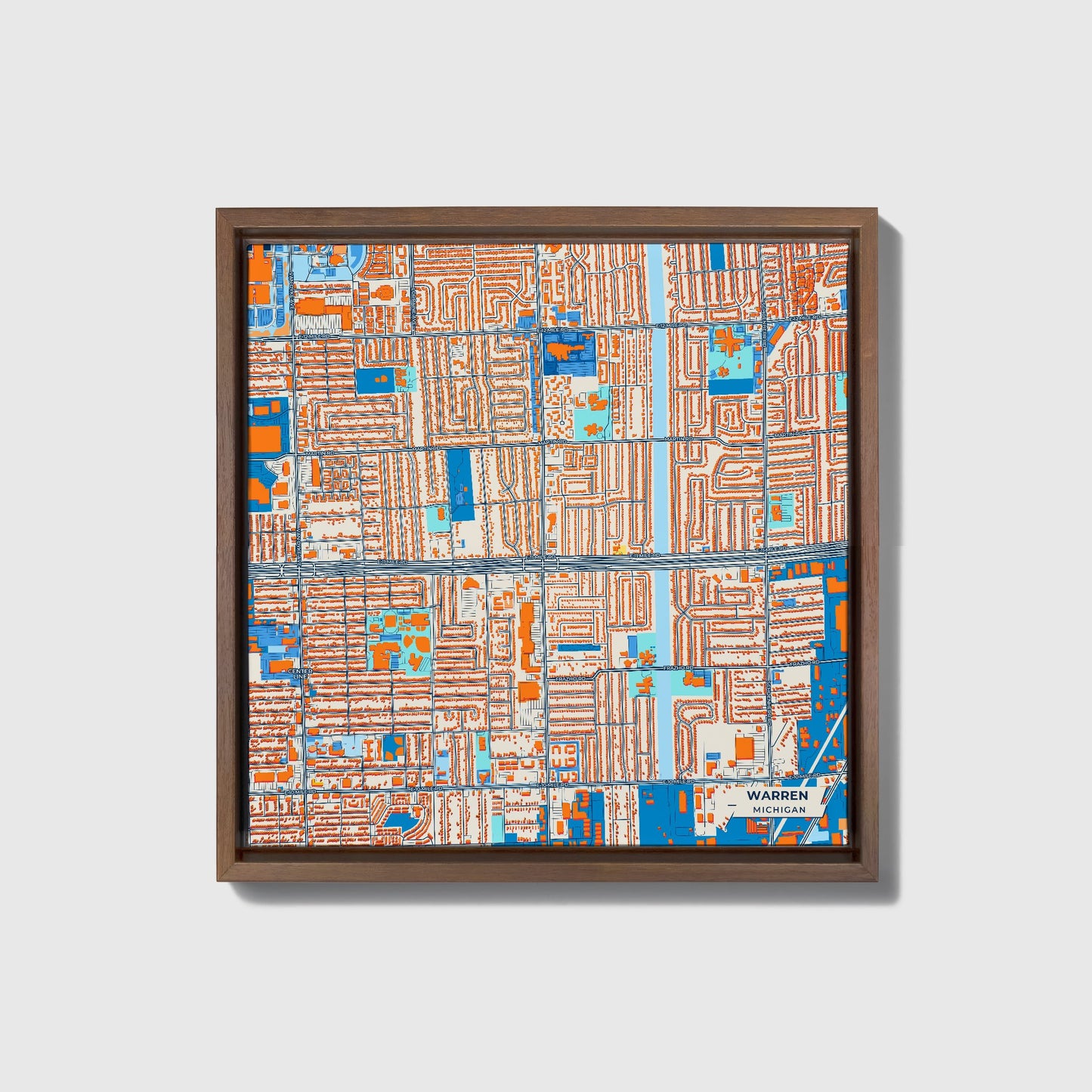 Warren Michigan Colorful City Map Canvas Print • Dark Wooden Framed