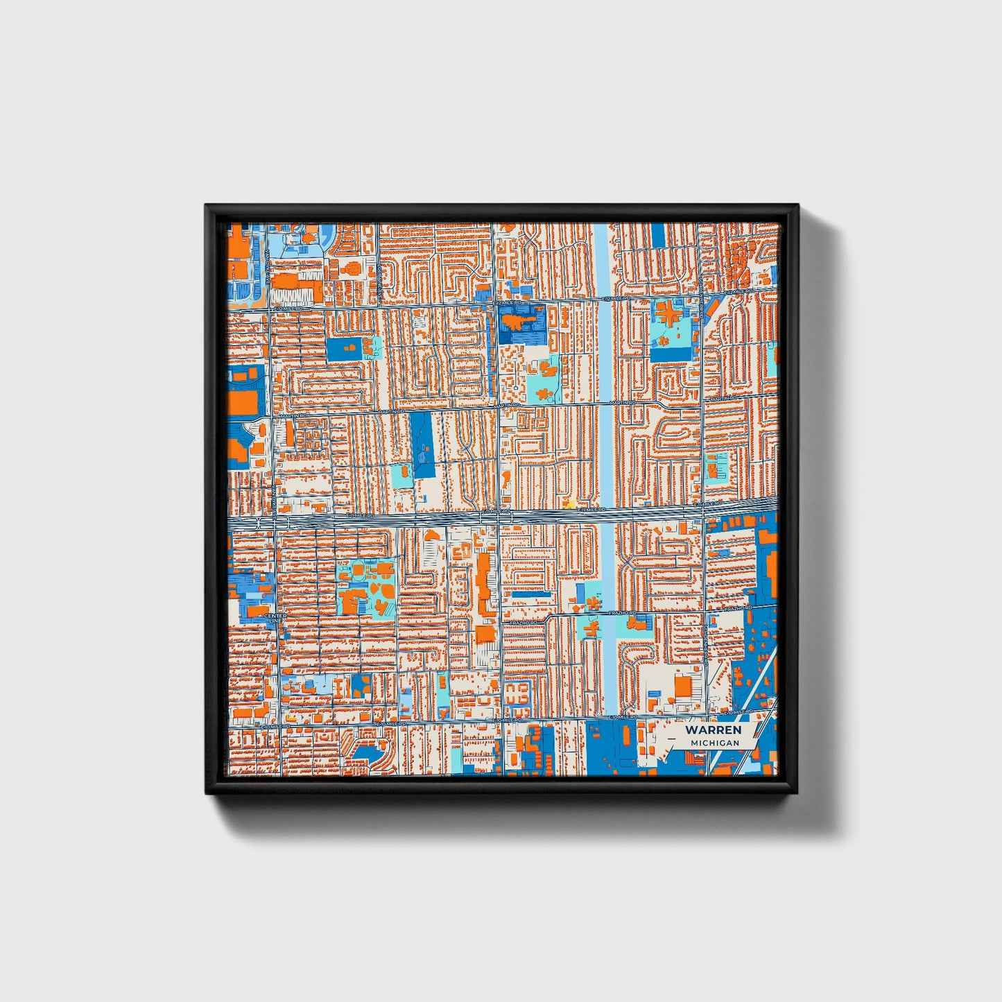 Warren Michigan Colorful City Map Canvas Print • Black Framed
