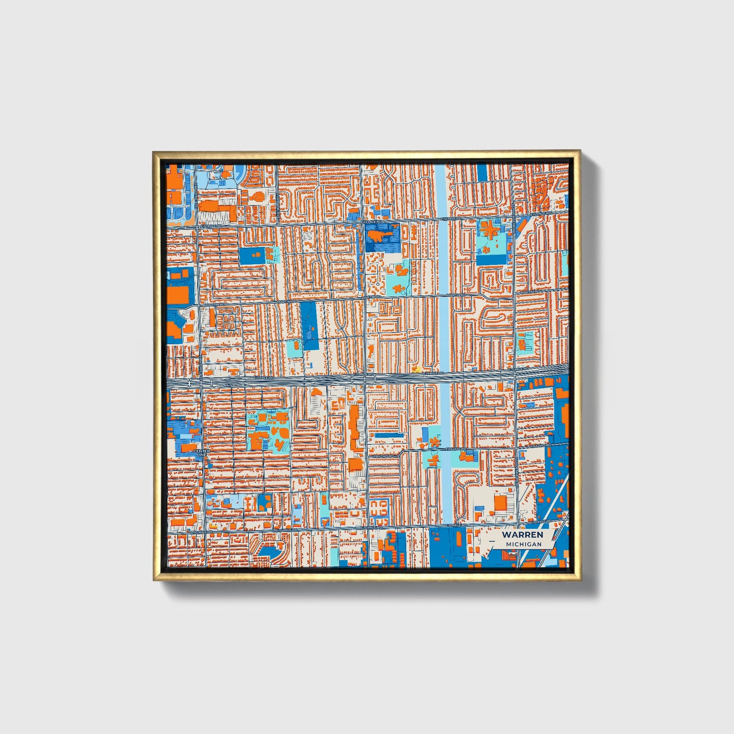 Warren Michigan Colorful City Map Canvas Print • Gold Framed