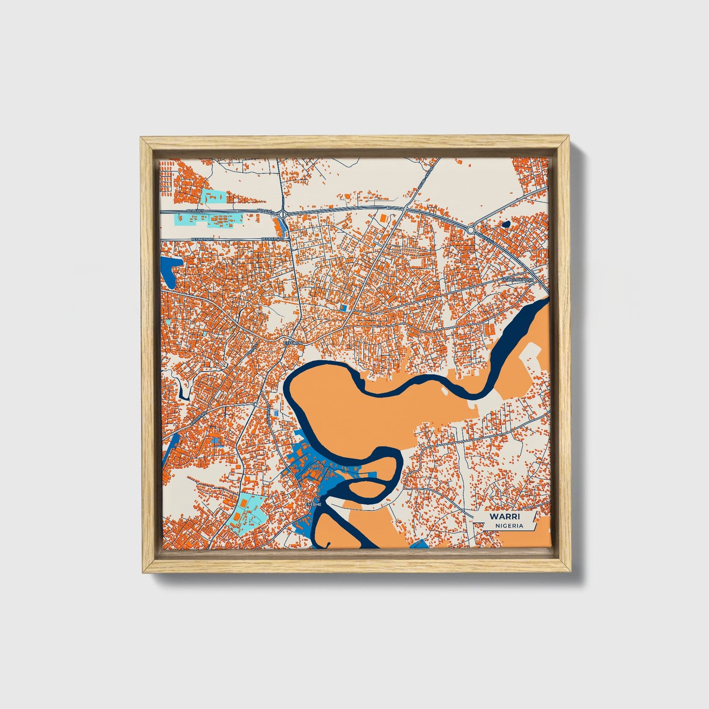 Warri Nigeria Colorful City Map Canvas Print • Natural Wooden Framed