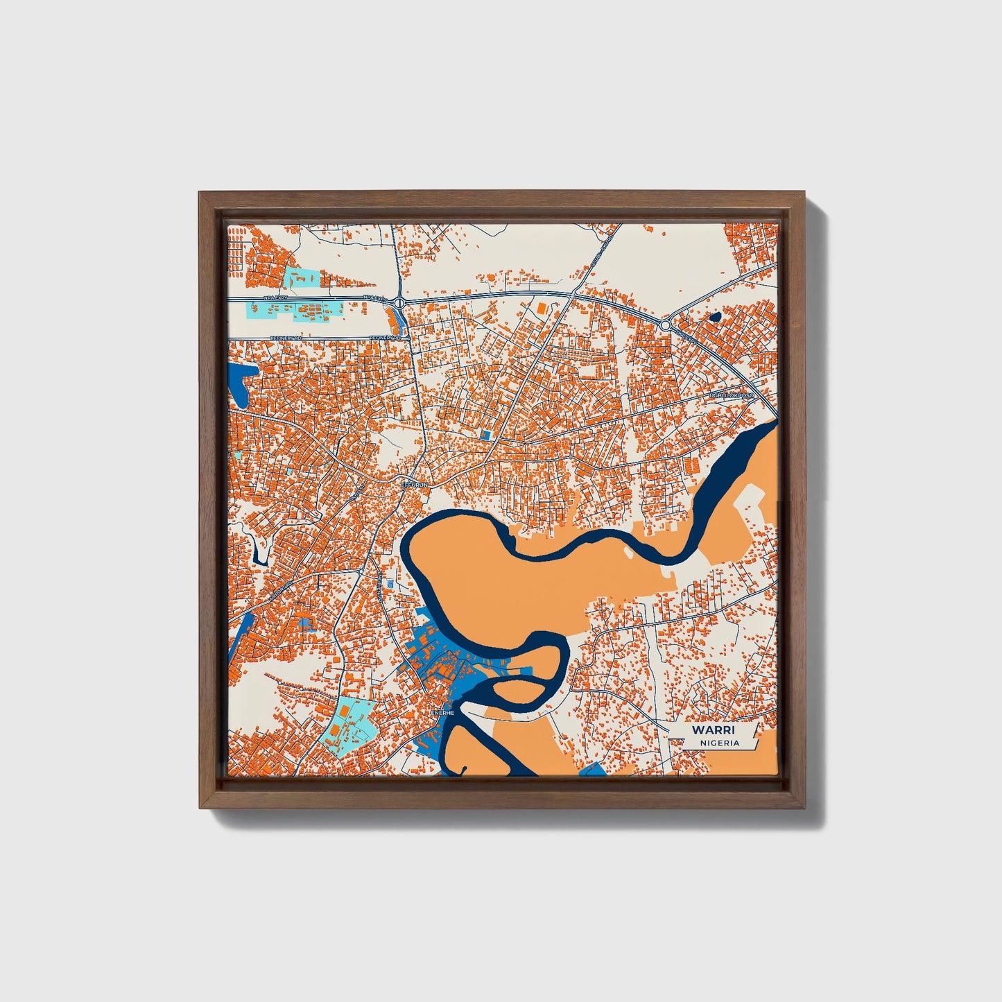 Warri Nigeria Colorful City Map Canvas Print • Dark Wooden Framed