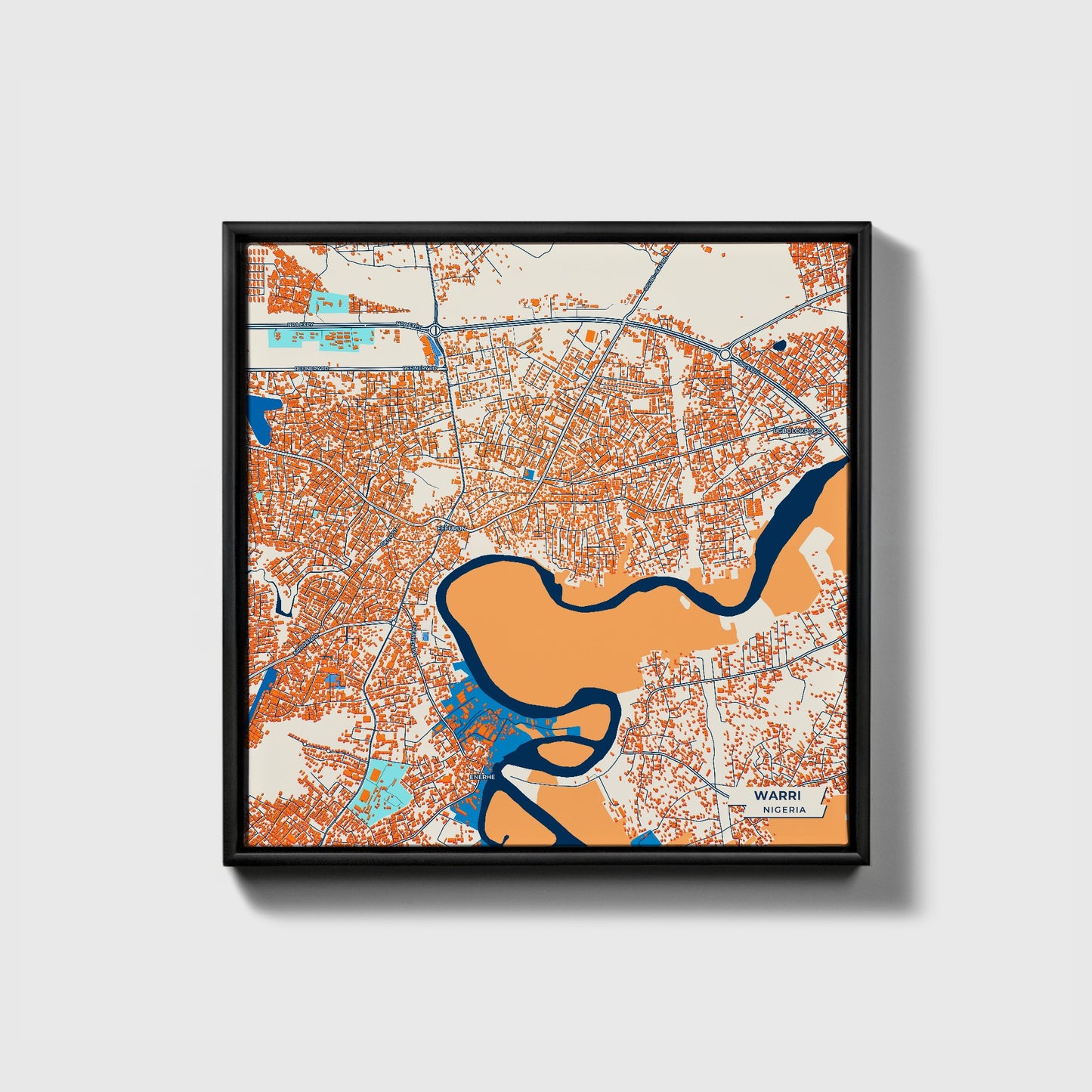 Warri Nigeria Colorful City Map Canvas Print • Black Framed