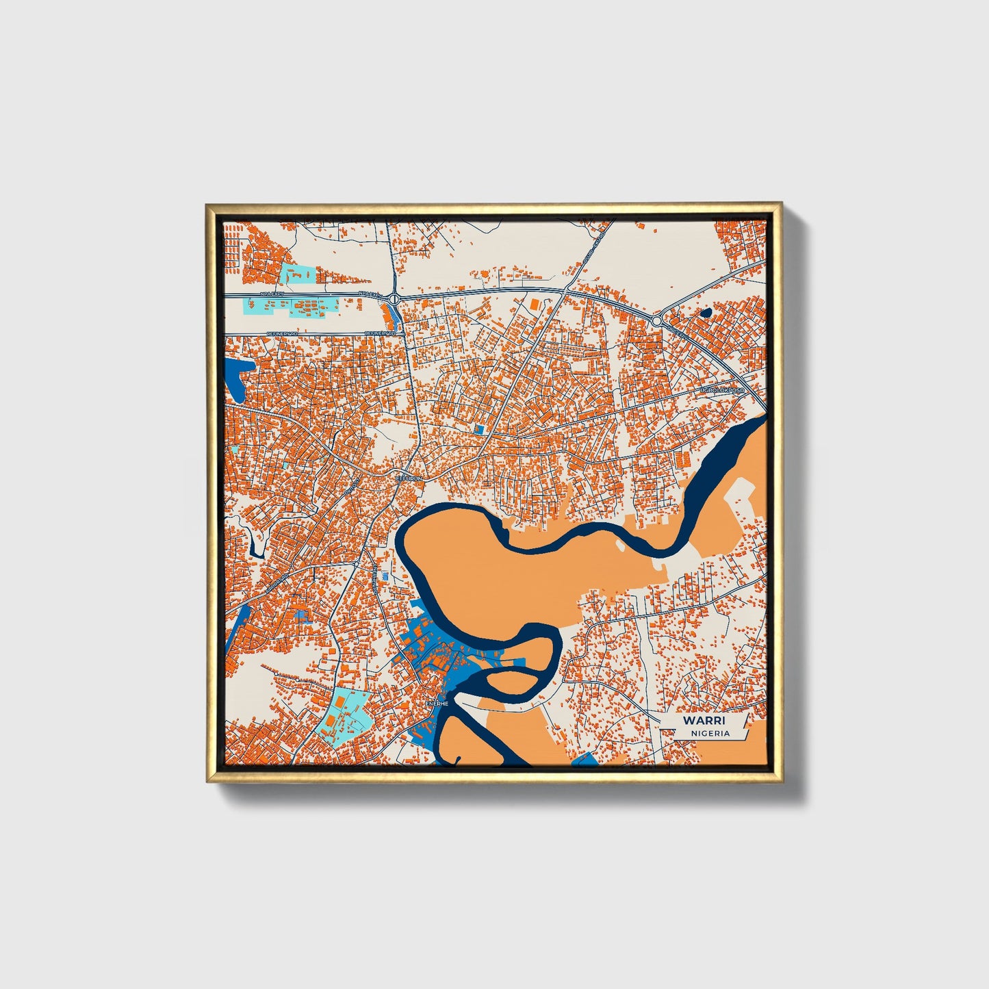 Warri Nigeria Colorful City Map Canvas Print • Gold Framed