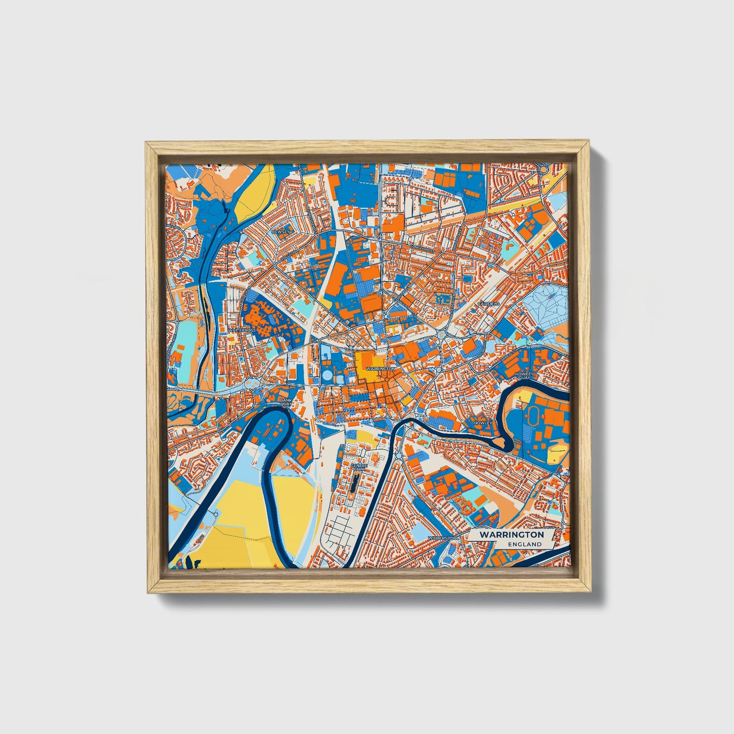 Warrington England Colorful City Map Canvas Print • Natural Wooden Framed