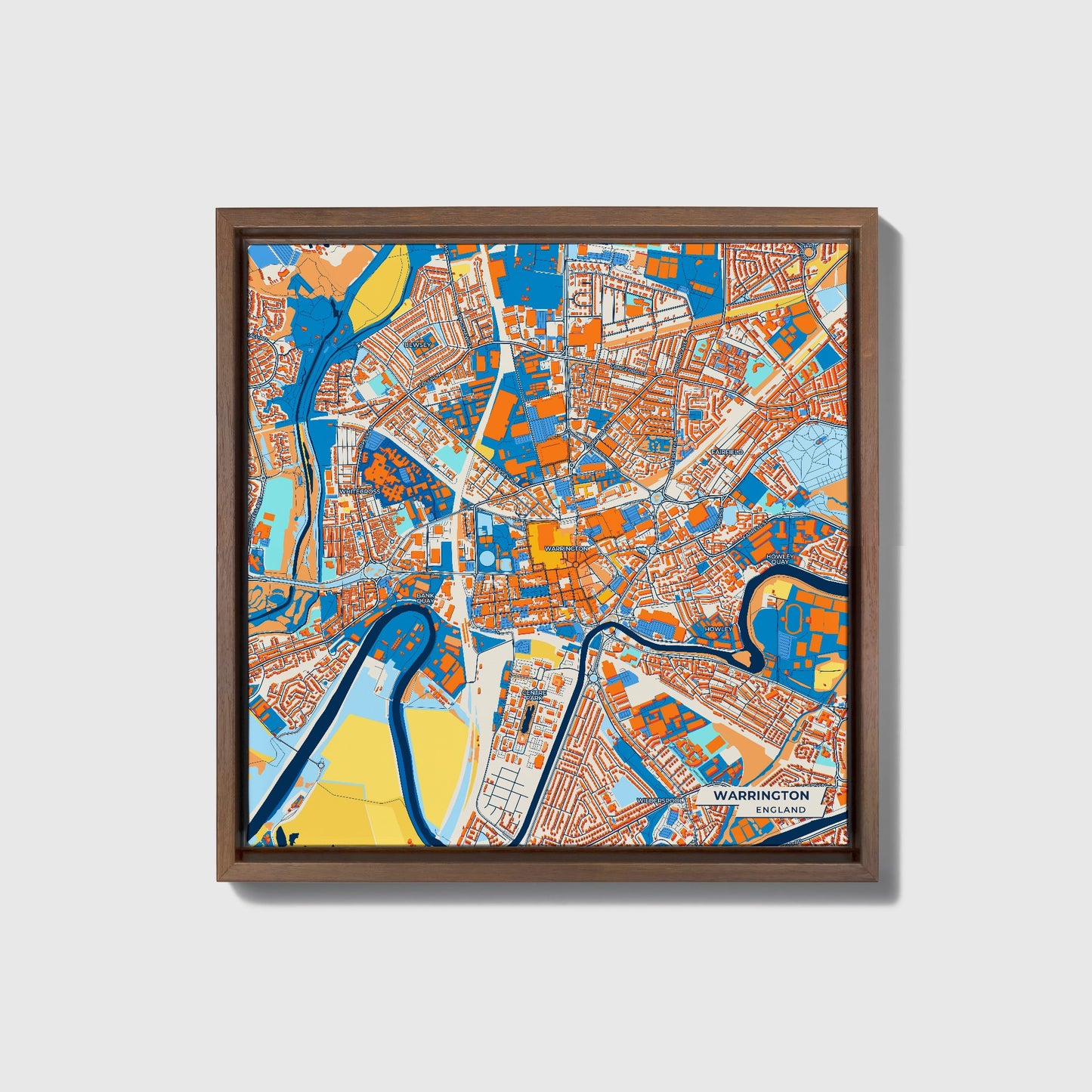 Warrington England Colorful City Map Canvas Print • Dark Wooden Framed