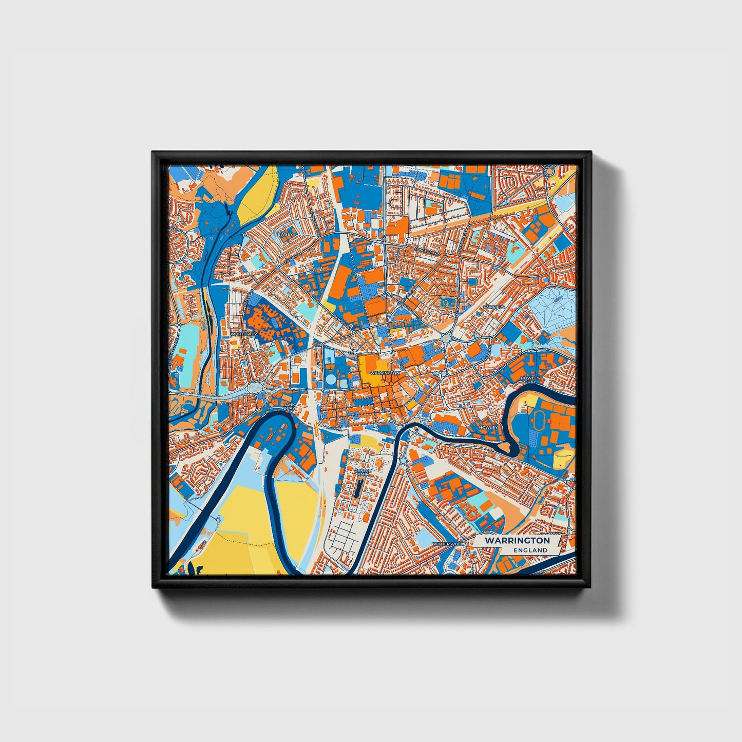 Warrington England Colorful City Map Canvas Print • Black Framed