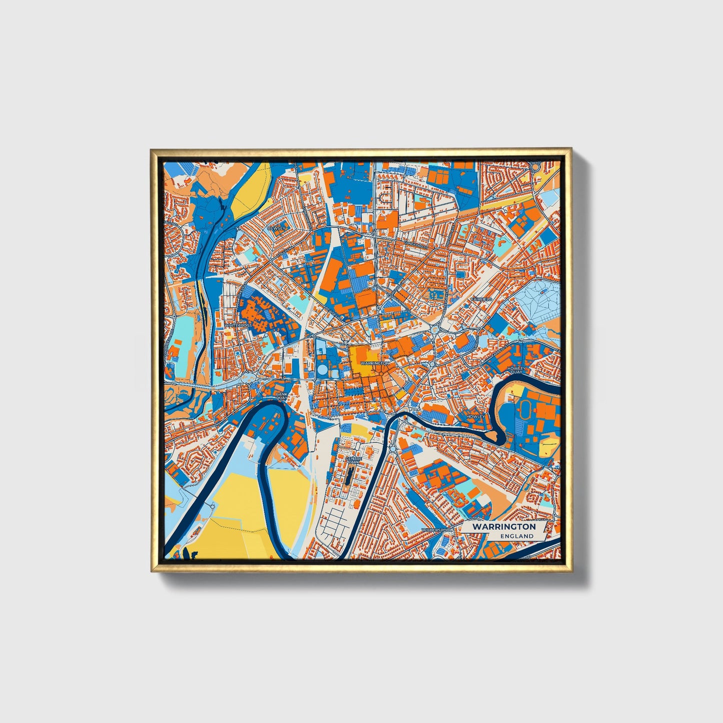 Warrington England Colorful City Map Canvas Print • Gold Framed