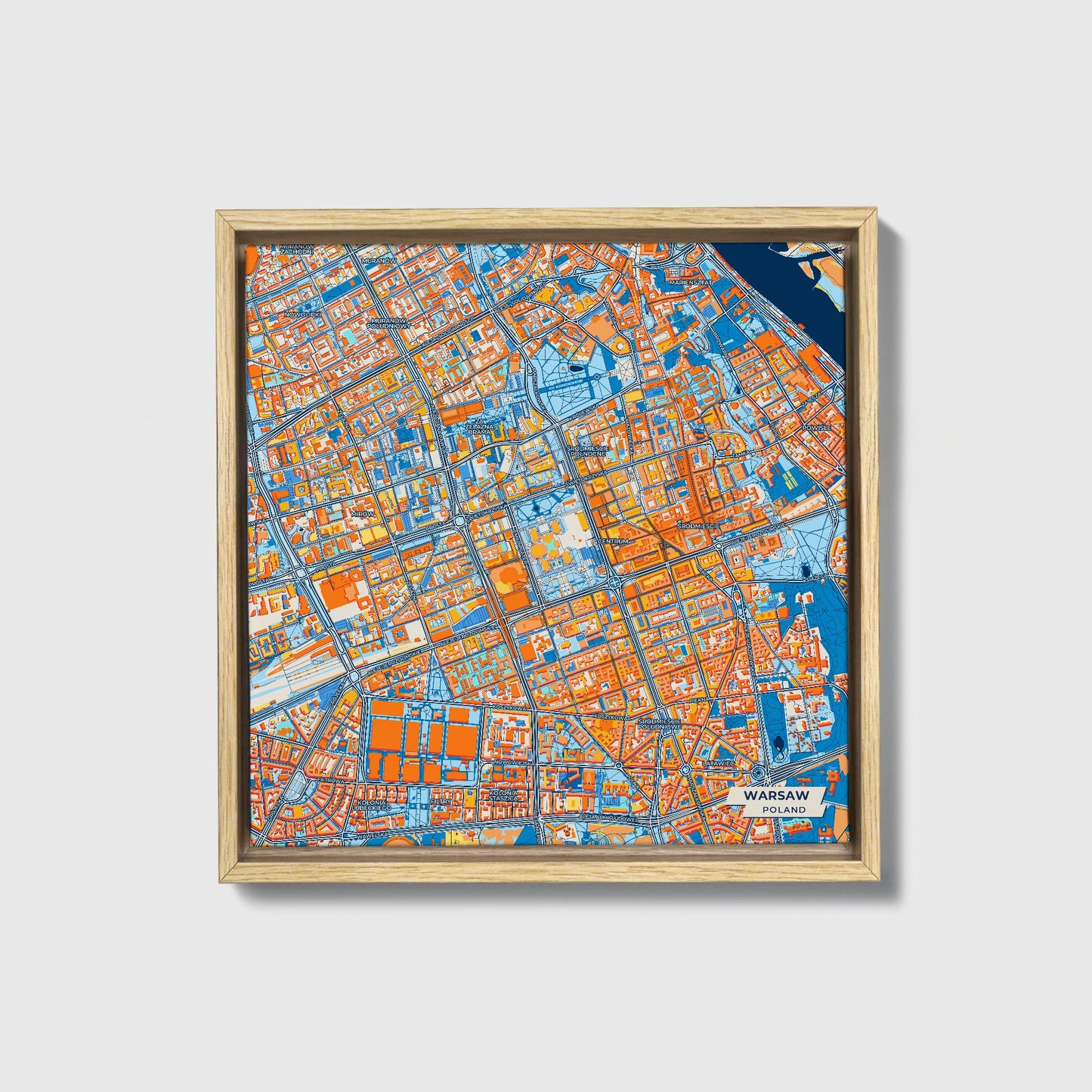 Warszawa Poland Colorful City Map Canvas Print • Natural Wooden Framed