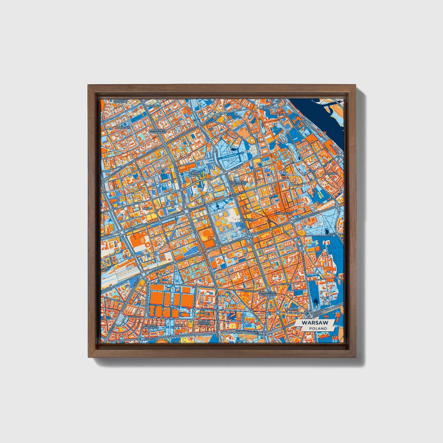 Warszawa Poland Colorful City Map Canvas Print • Dark Wooden Framed