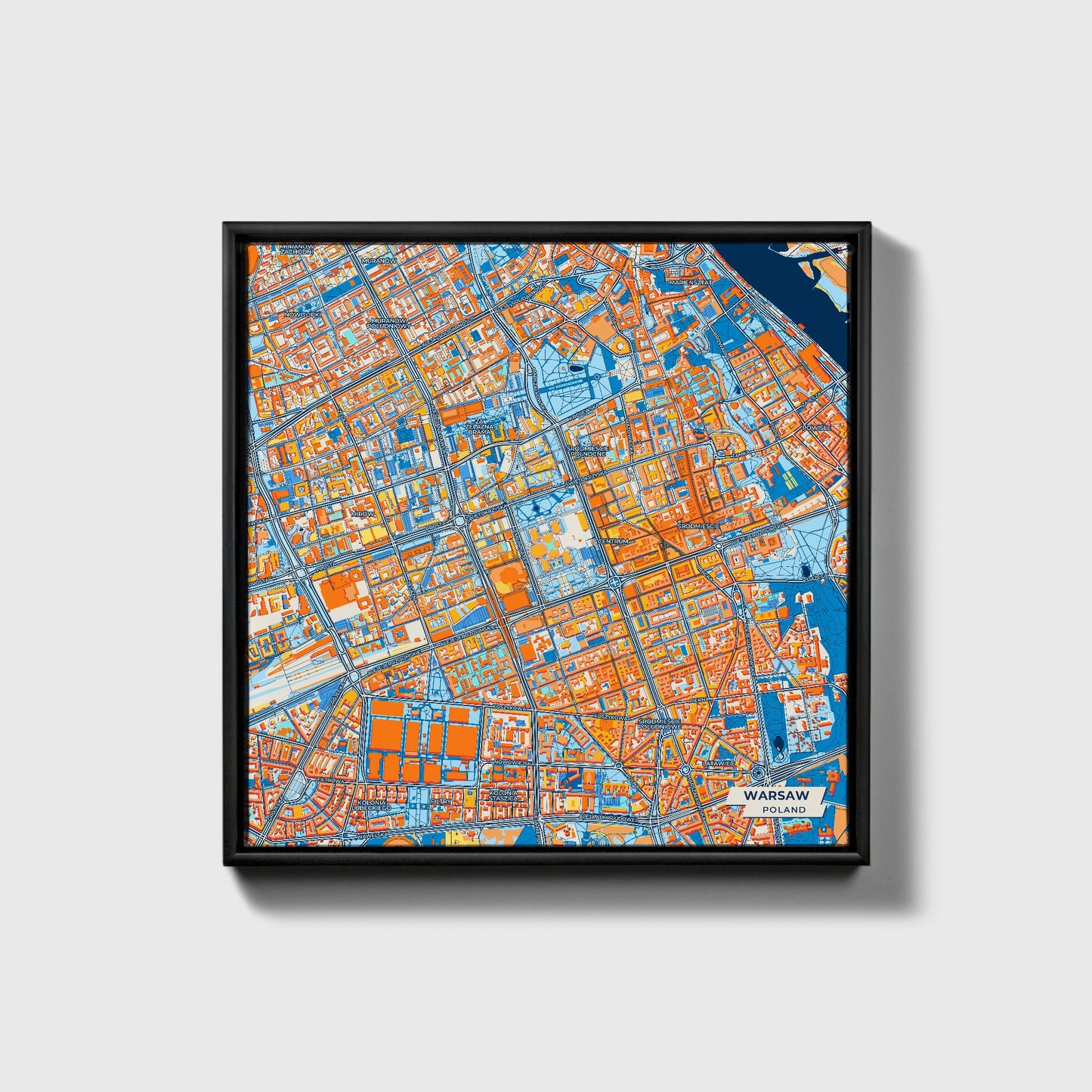 Warszawa Poland Colorful City Map Canvas Print • Black Framed