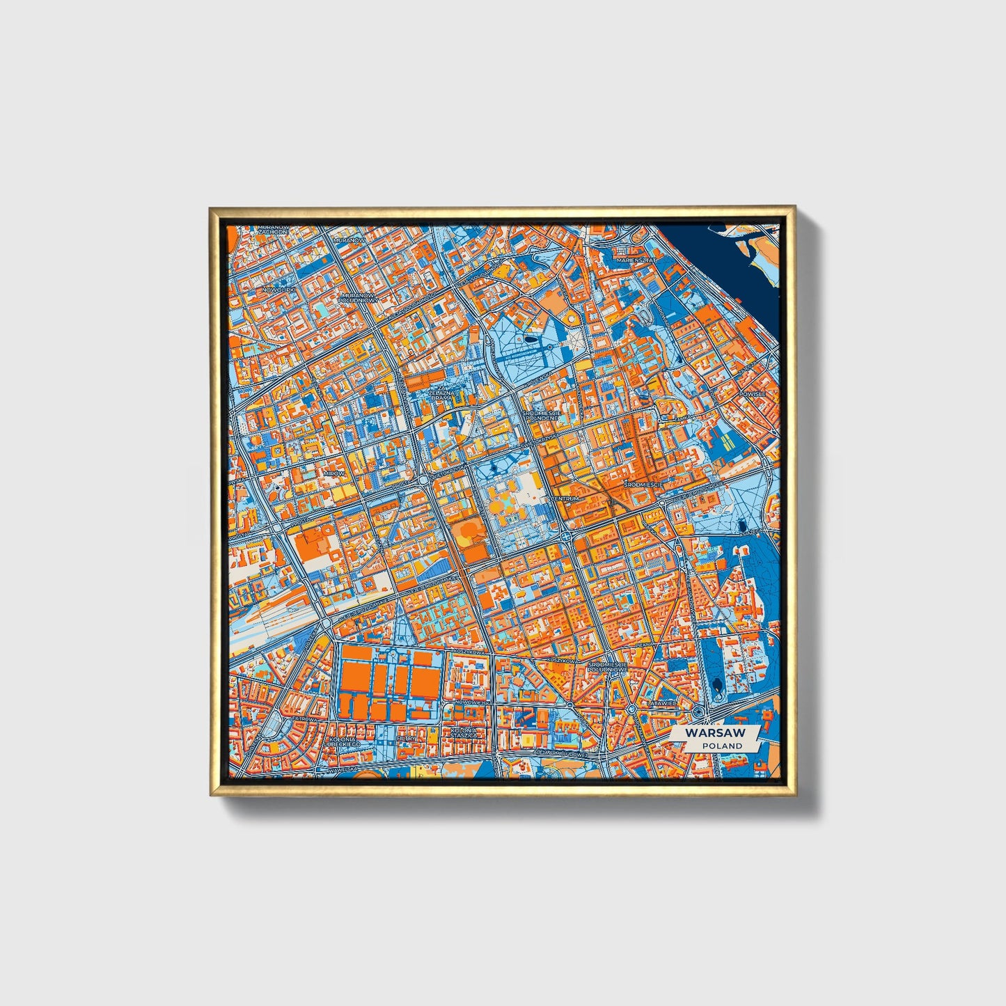 Warszawa Poland Colorful City Map Canvas Print • Gold Framed
