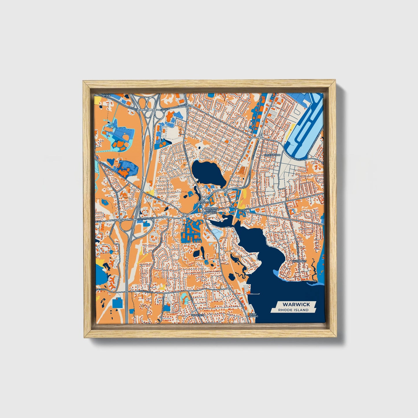 Warwick Rhode Island Colorful City Map Canvas Print • Natural Wooden Framed