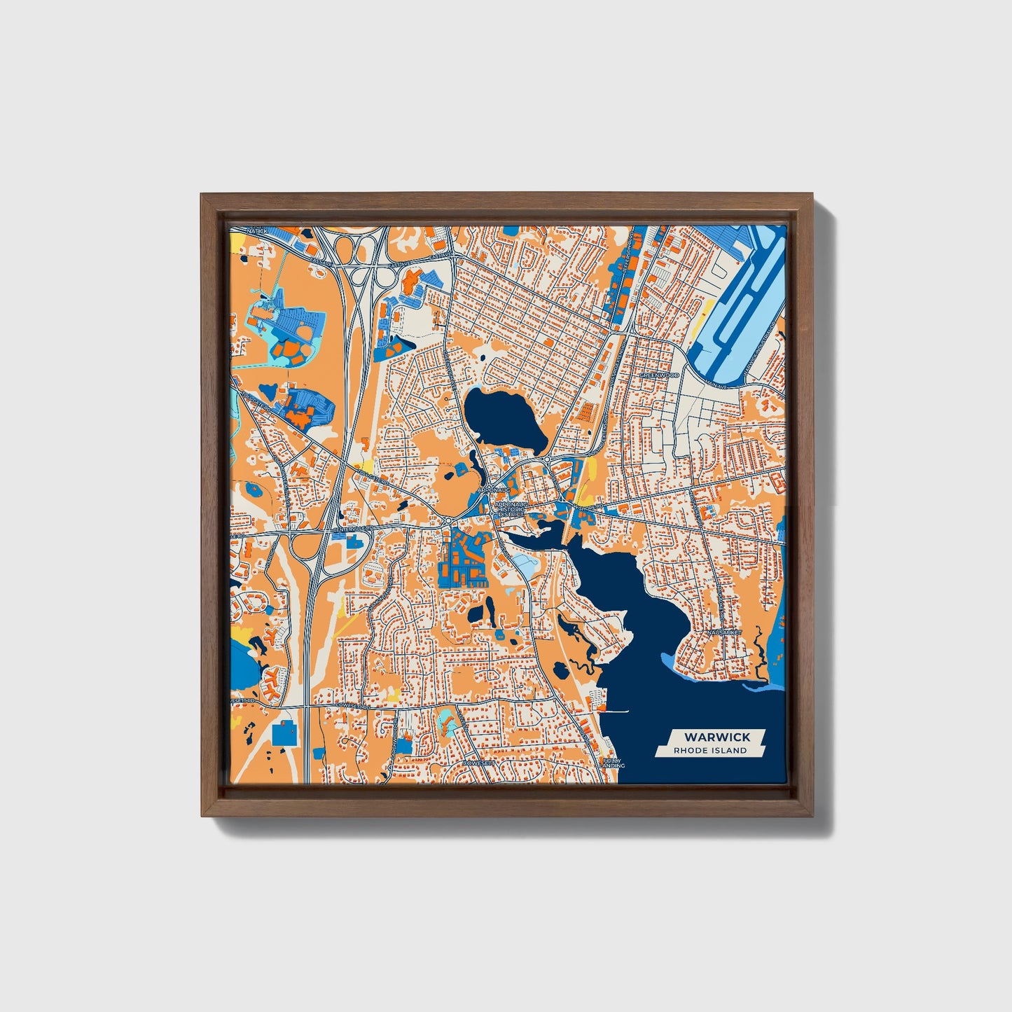 Warwick Rhode Island Colorful City Map Canvas Print • Dark Wooden Framed