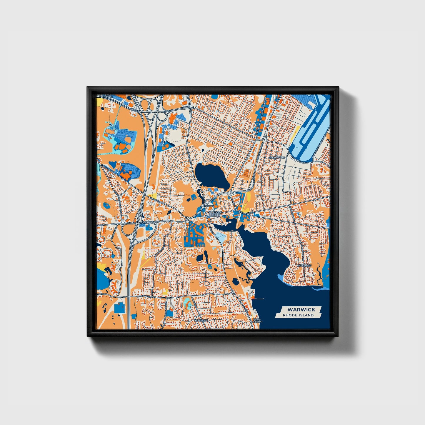Warwick Rhode Island Colorful City Map Canvas Print • Black Framed