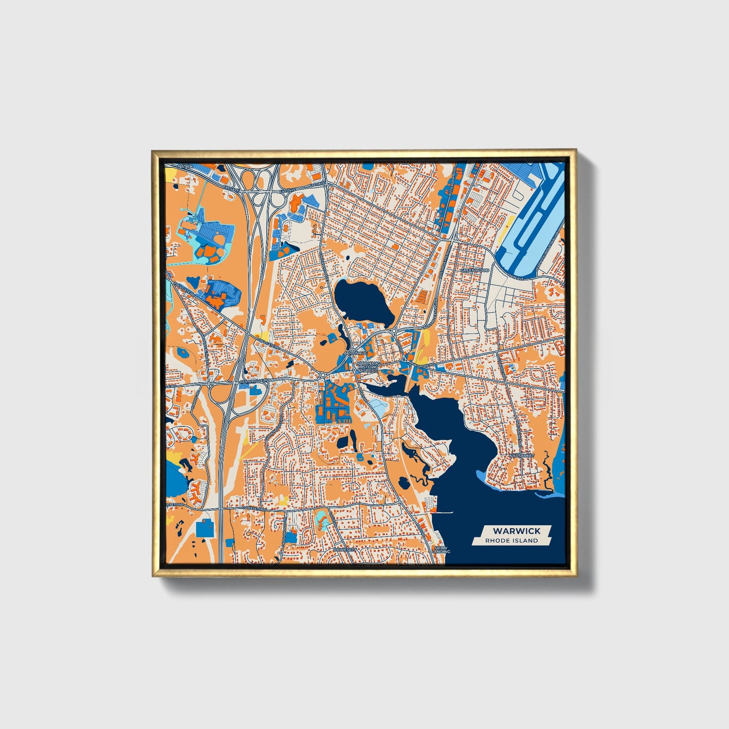 Warwick Rhode Island Colorful City Map Canvas Print • Gold Framed