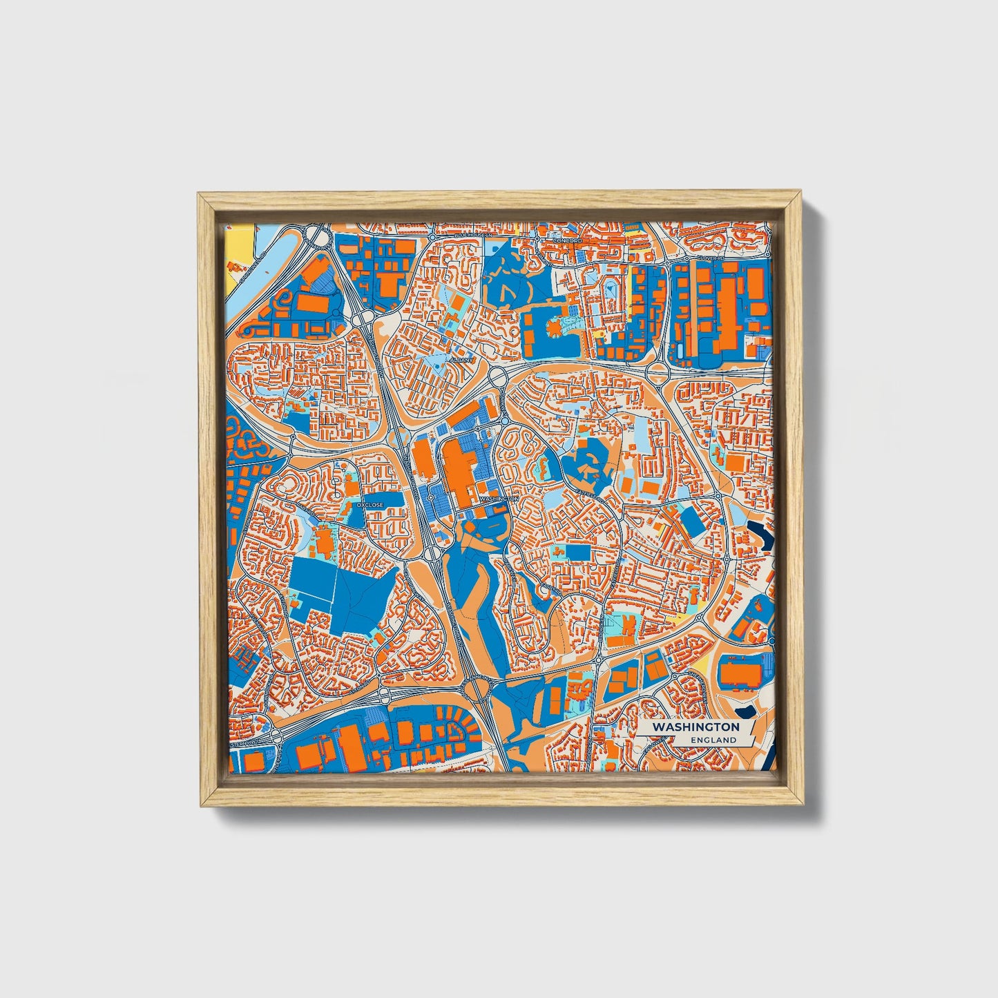 Washington England Colorful City Map Canvas Print • Natural Wooden Framed