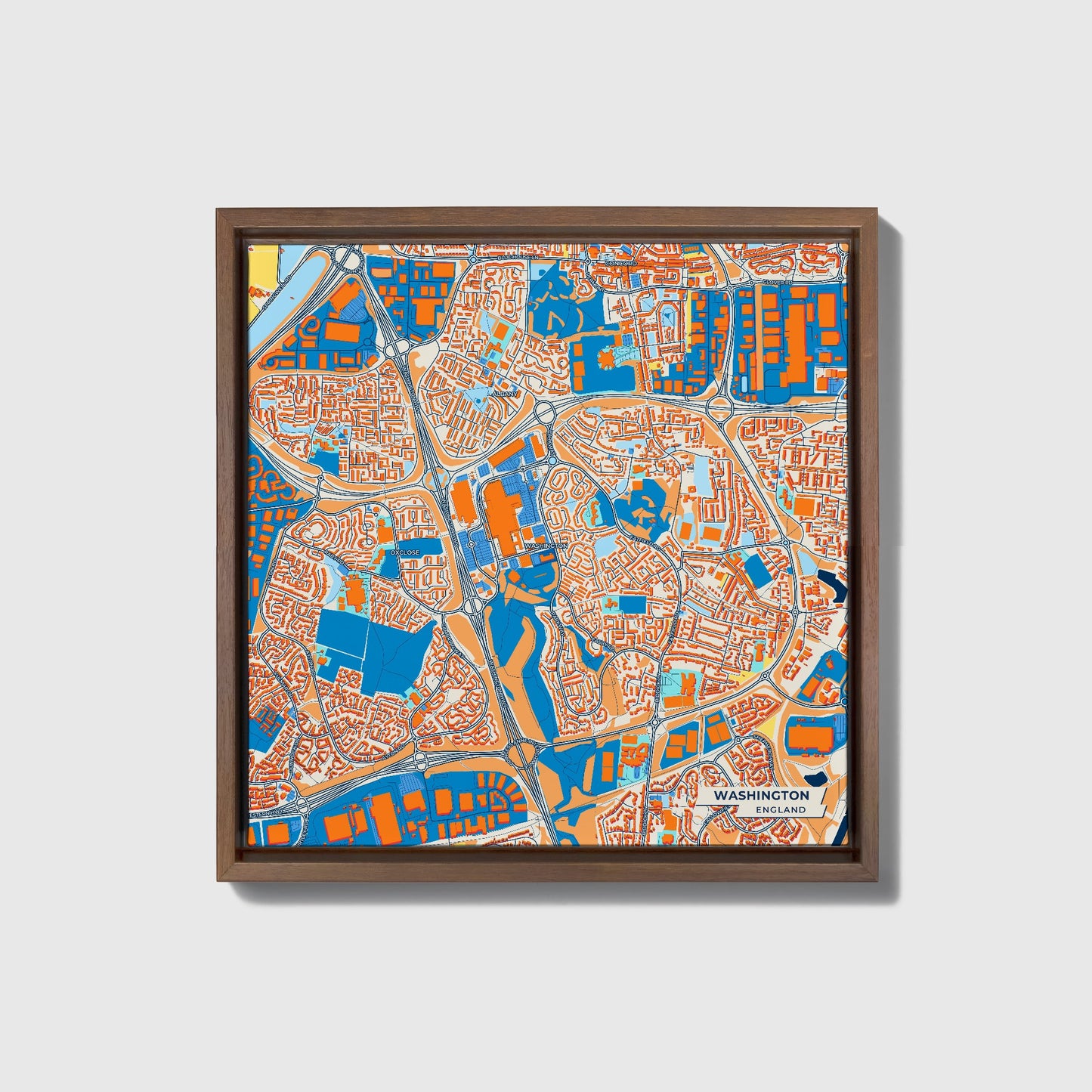 Washington England Colorful City Map Canvas Print • Dark Wooden Framed