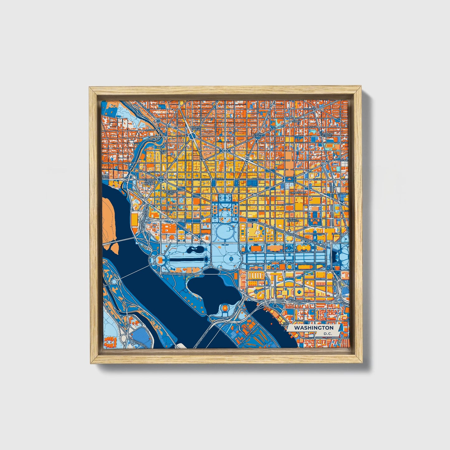 Washington D.C. Colorful City Map Canvas Print • Natural Wooden Framed