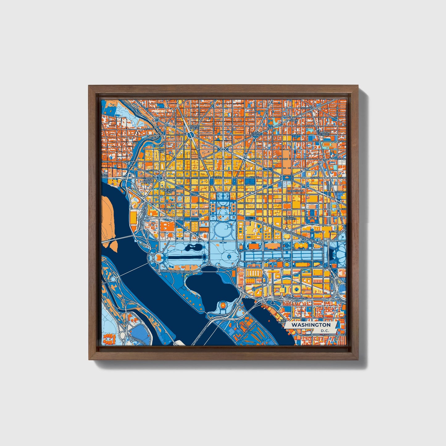 Washington D.C. Colorful City Map Canvas Print • Dark Wooden Framed