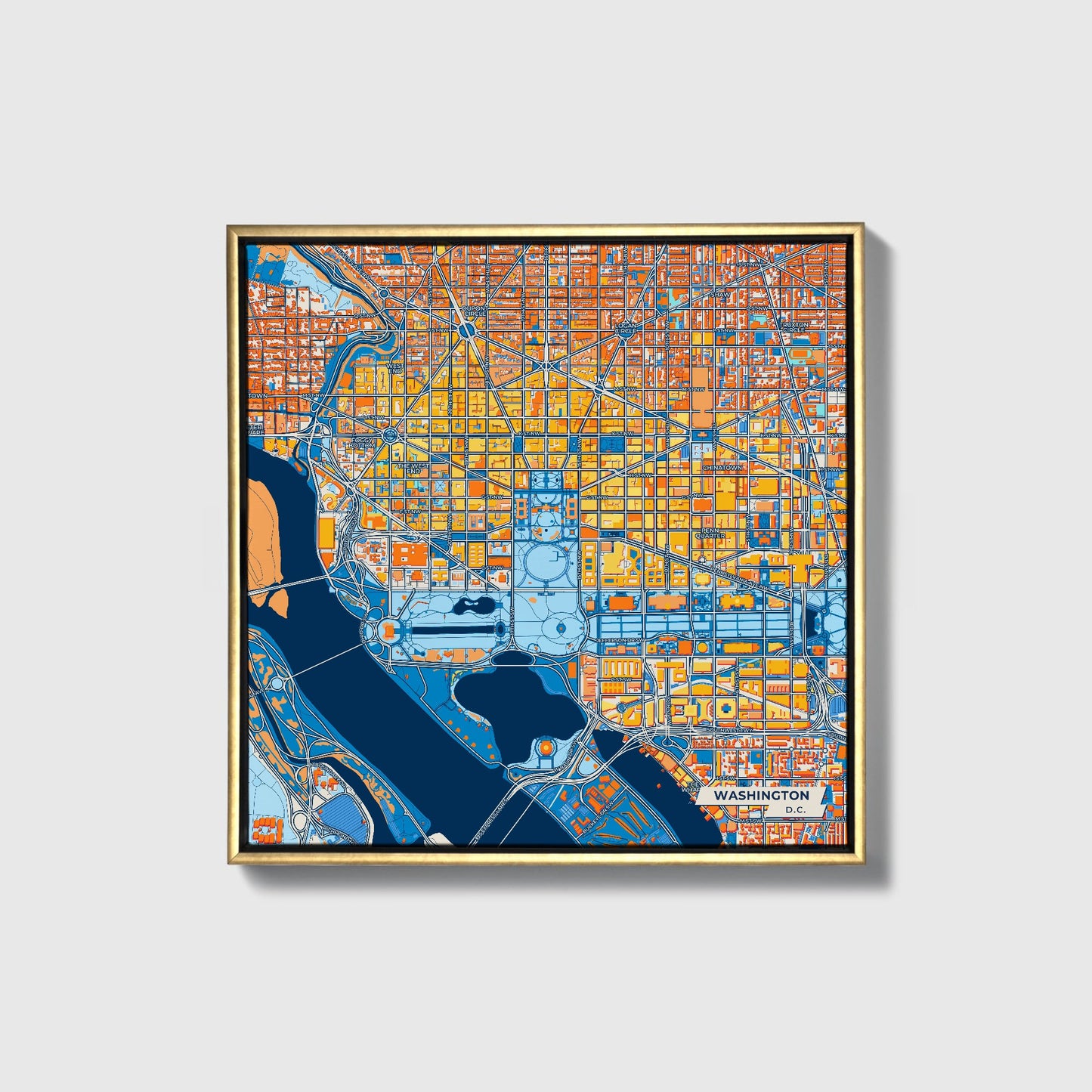 Washington D.C. Colorful City Map Canvas Print • Gold Framed
